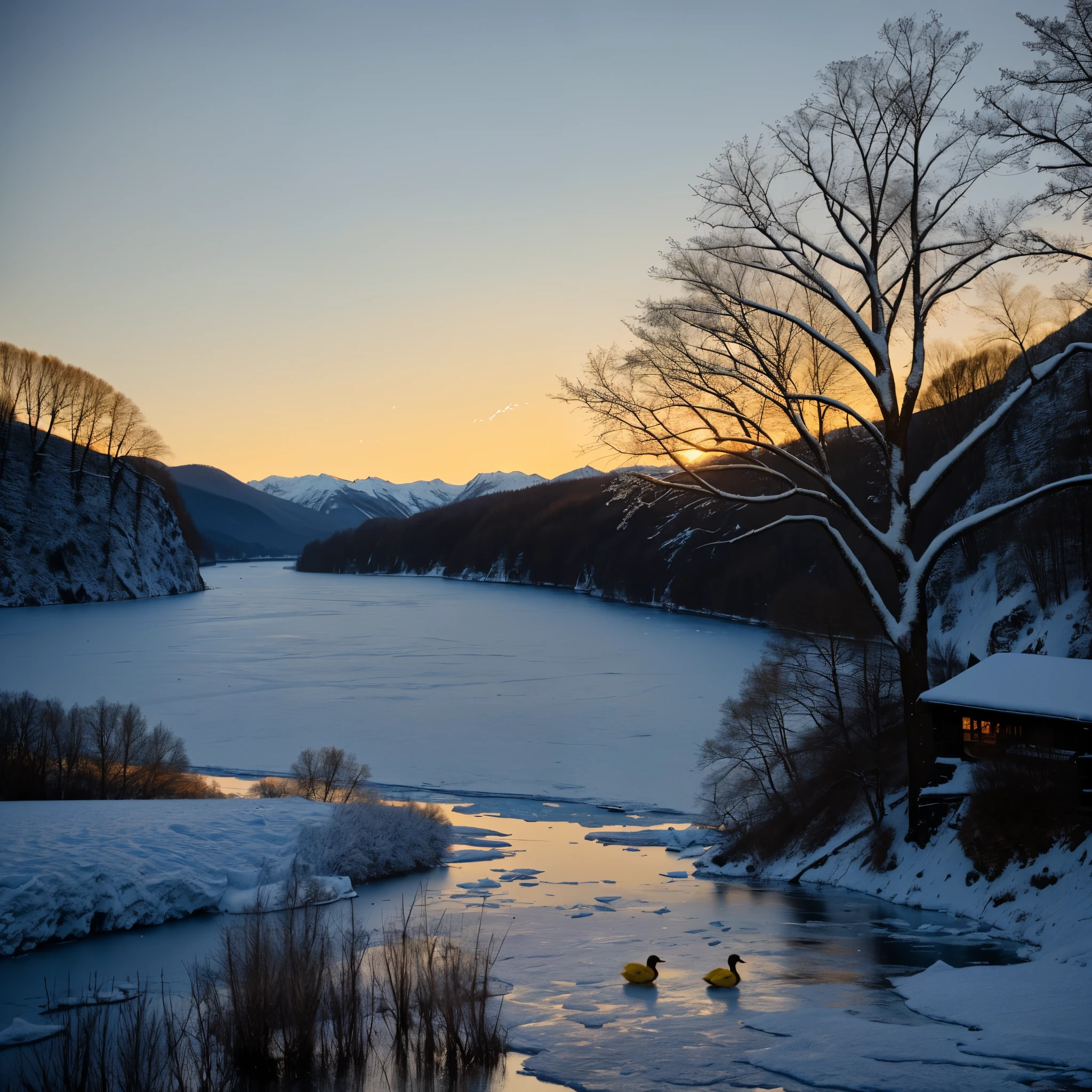 Franco-German landscape of river with ducks in the snow, glacial lake environment, cold sunset, Cold but beautiful, Frozen lake, light and wintery, Beautiful Late Afternoon, cold as ! 🧊, Icy landscape, winter lake view, winter setting, In the golden hour of dusk, snow lake environment, be in nature, Snow mountain at the time of departure