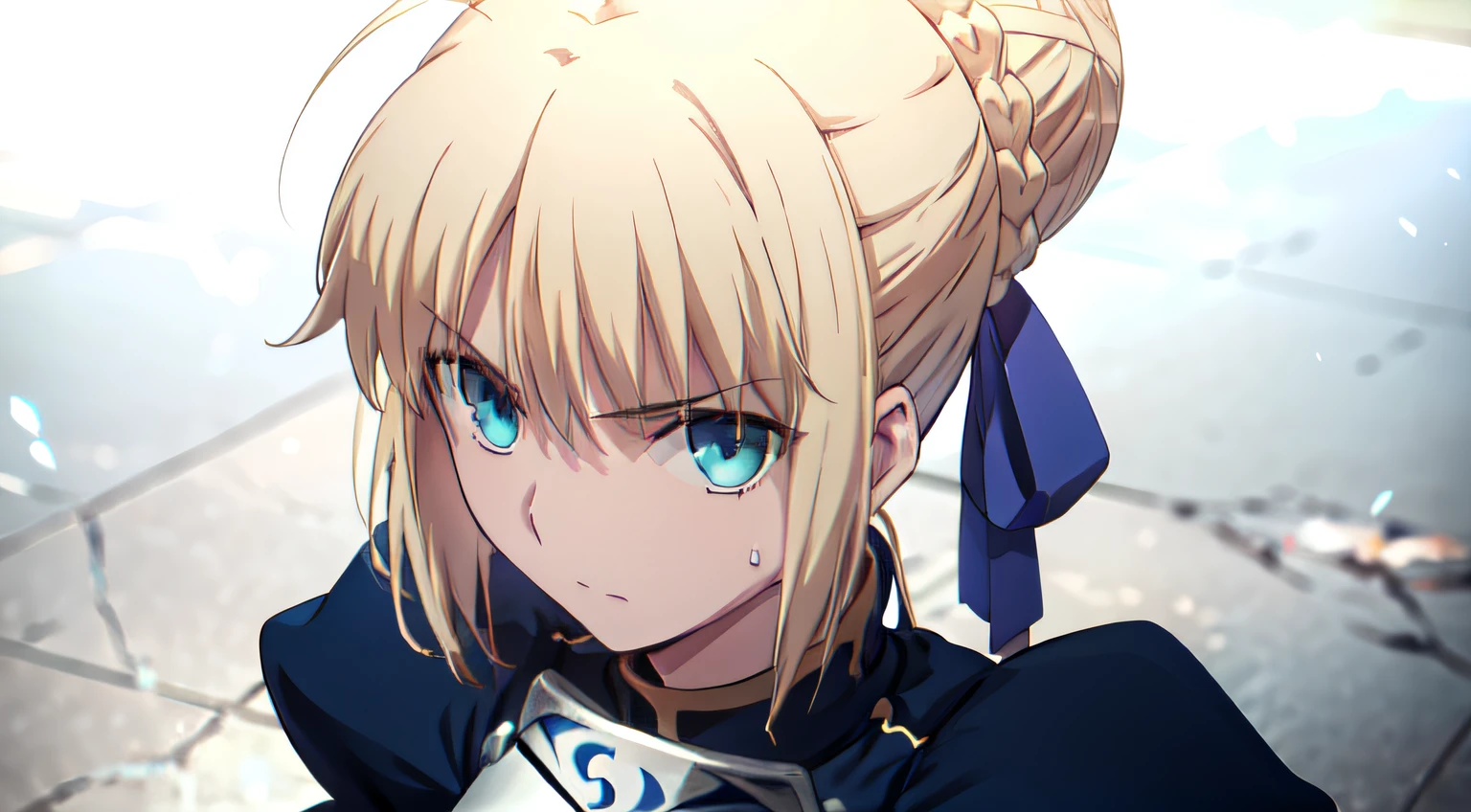 1girl, solo, armor, blue dress, blue eyes, ahoge, puffy sleeves, white background, 8k, armored dress, braid, dress, hair ribbon, expressionless, bright Eyes, hair between eyes, looking at viewer, puffy sleeves, blonde hair, ((hair bun)), closed mouth, preffy sleeves, portrait, excalibur (fate/stay night), head on