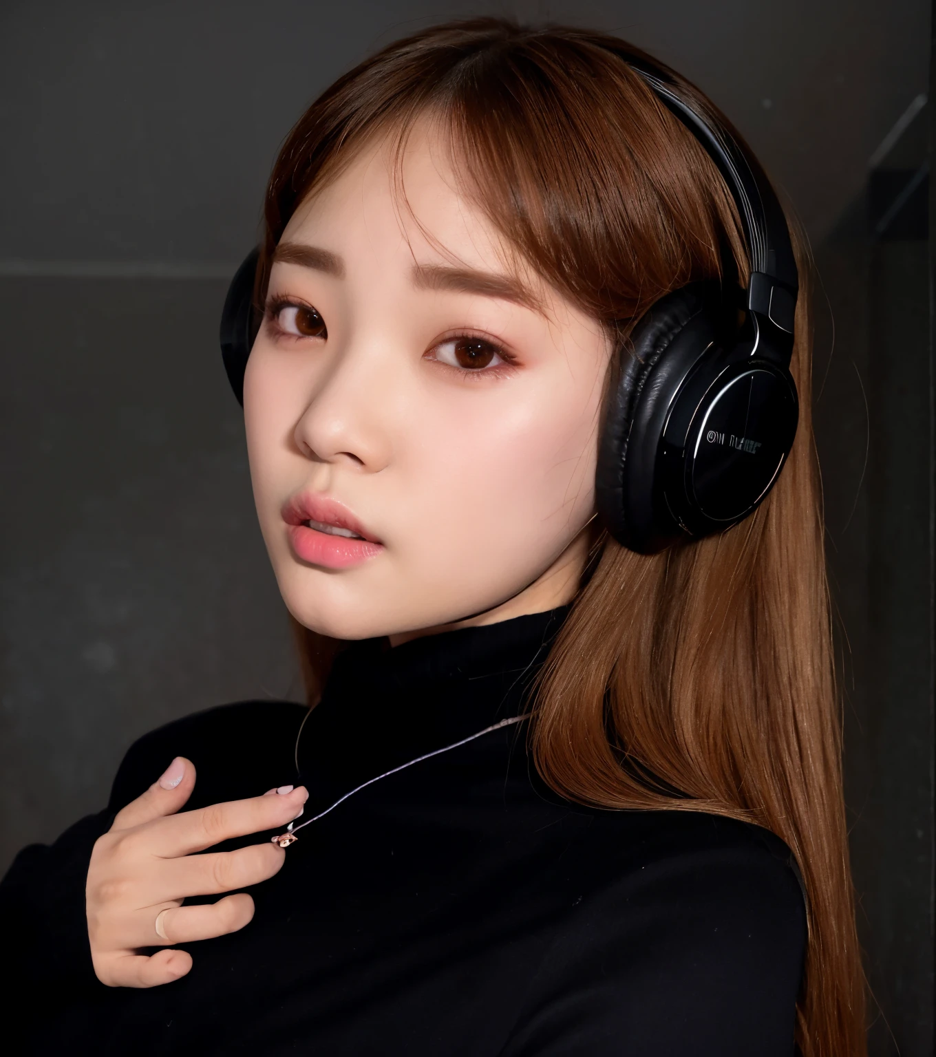 there is a woman with headphones and a black blouse, com fones de ouvido, Ulzzang, com fones de ouvido, Retrato de Jossi de Blackpink, Dom Yunjoo, jossi do blackpink, Heonhwa Choe, Jinyoung Canela, Jaeyeon Nam, usando fones de ouvido pretos, Parque Ji-min, menina coreana, Lee Ji-eun, Lee Ji - Eun
