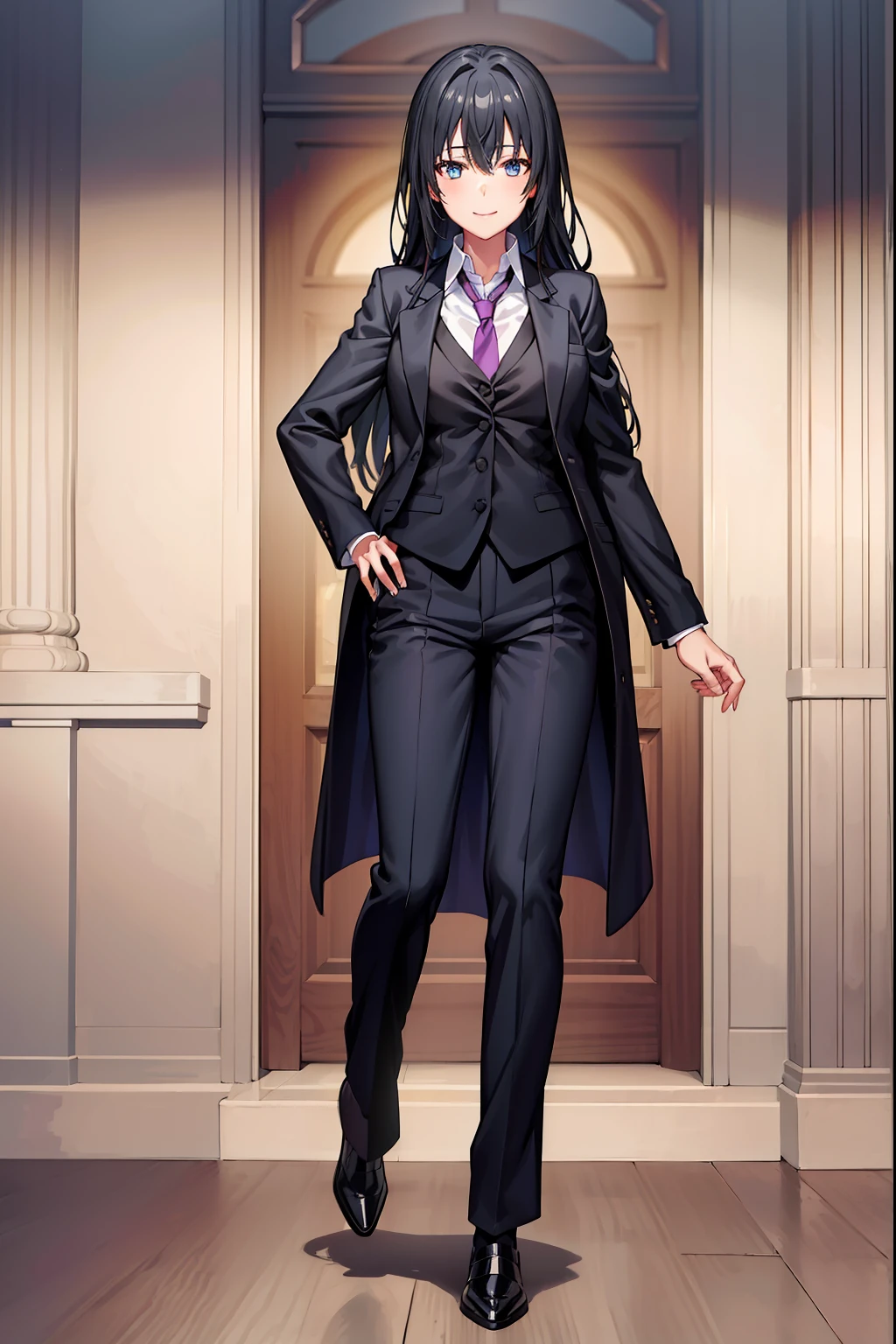 1GIRL , Yukinoshita yukino ,woman in suit tuxedo tailcoat standing in a large alcove in the room, 1girl, solo, necktie, black hair, blue eyes, long hair, smile, jacket, looking at viewer, Full body