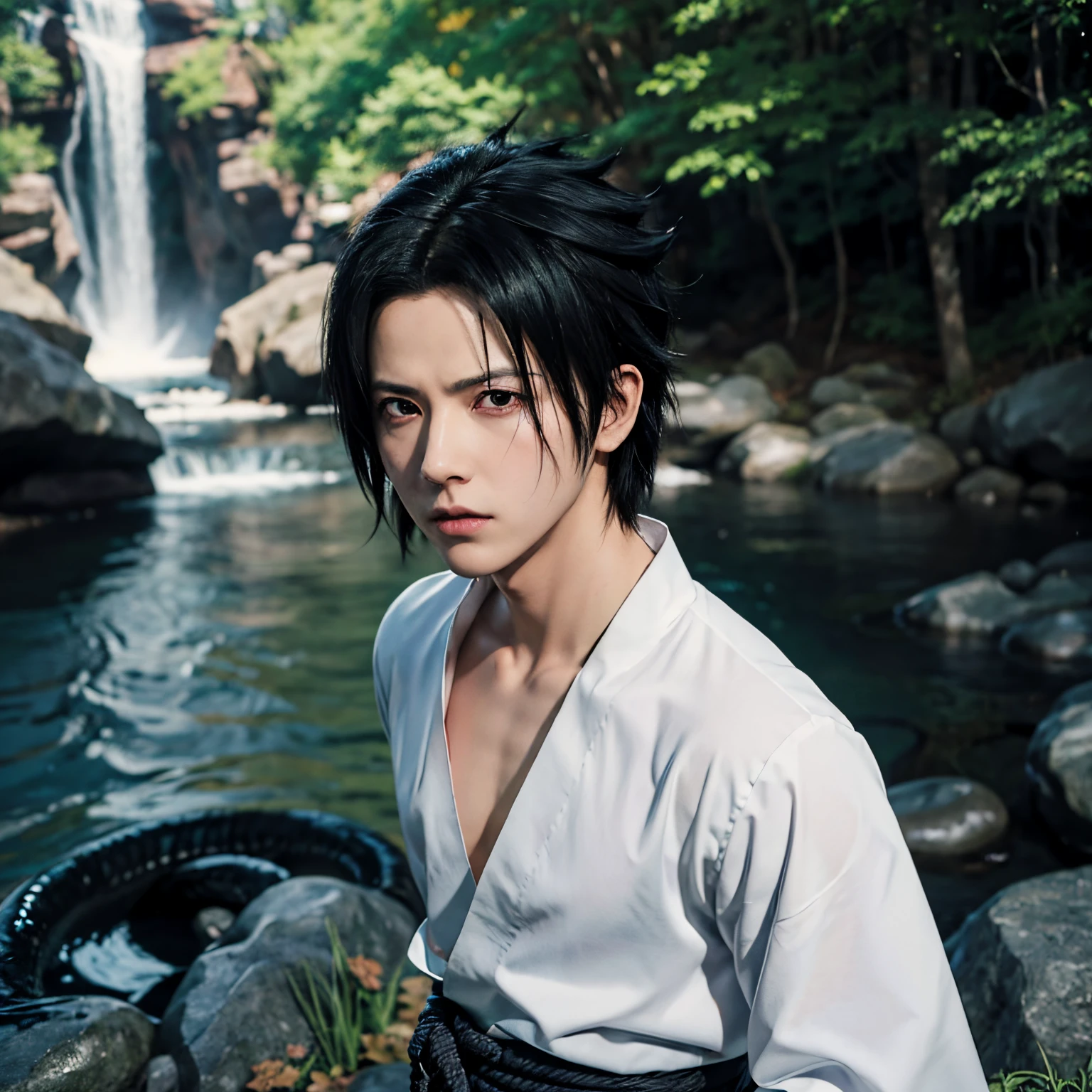 1boy, Sasuke, Sasuke Uchiha, spiked black hair, red sharingan eyes, wearing white shirt, big snake wrapped around sasuke, waterfall, absurdres, high res, ultrasharp, 8K, masterpiece, looking at viewer, realistic anime, mangekyo sharingan eyes,