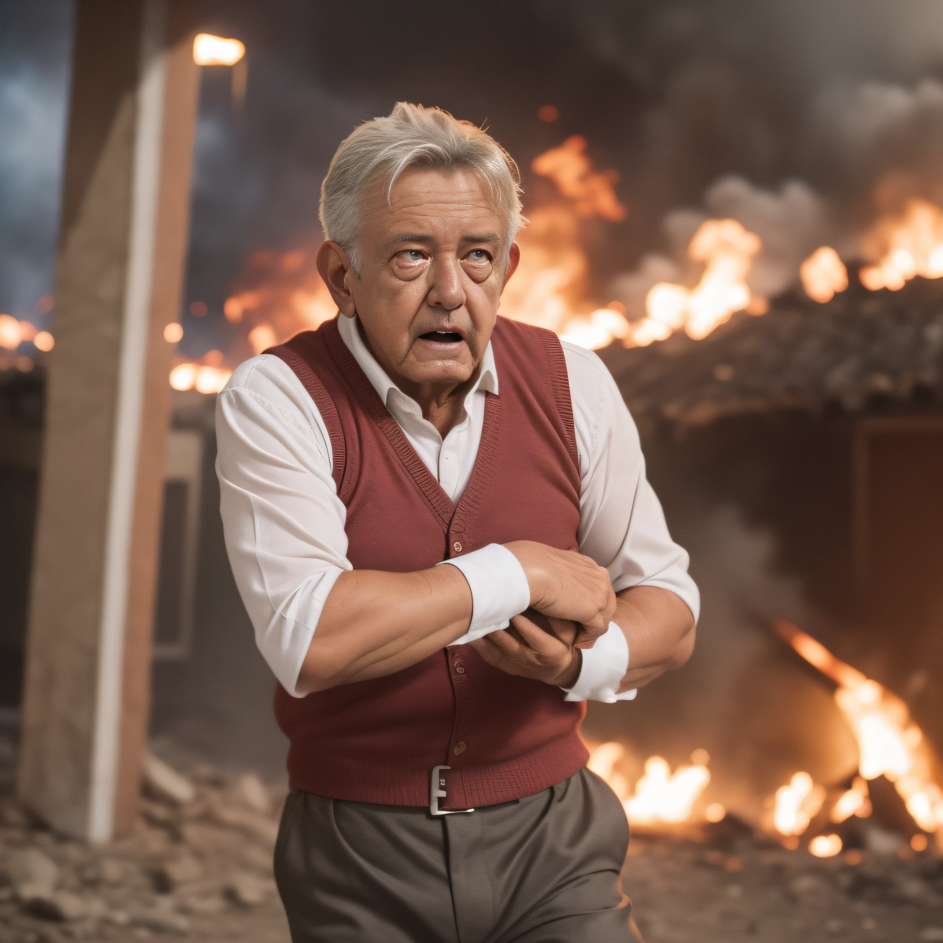 70 years, Old man in an action movie scene with explosions and fire, ropa negra, rostros detallados y expresivos, mexico"