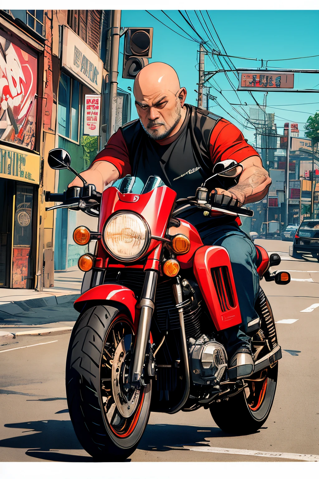 Best quality 8k，Sketch drawing、colorized pencil，Middle aged Asian man riding Harley motorcycle，Locomotive driver，full pov，block，graffitti background，bright。short sleeve motorcycle jacket，American motorcycle，violence，Mongolian Gang，No hair，Tough guy，musculature，Comic style，CB1100，Miyazaki painting style