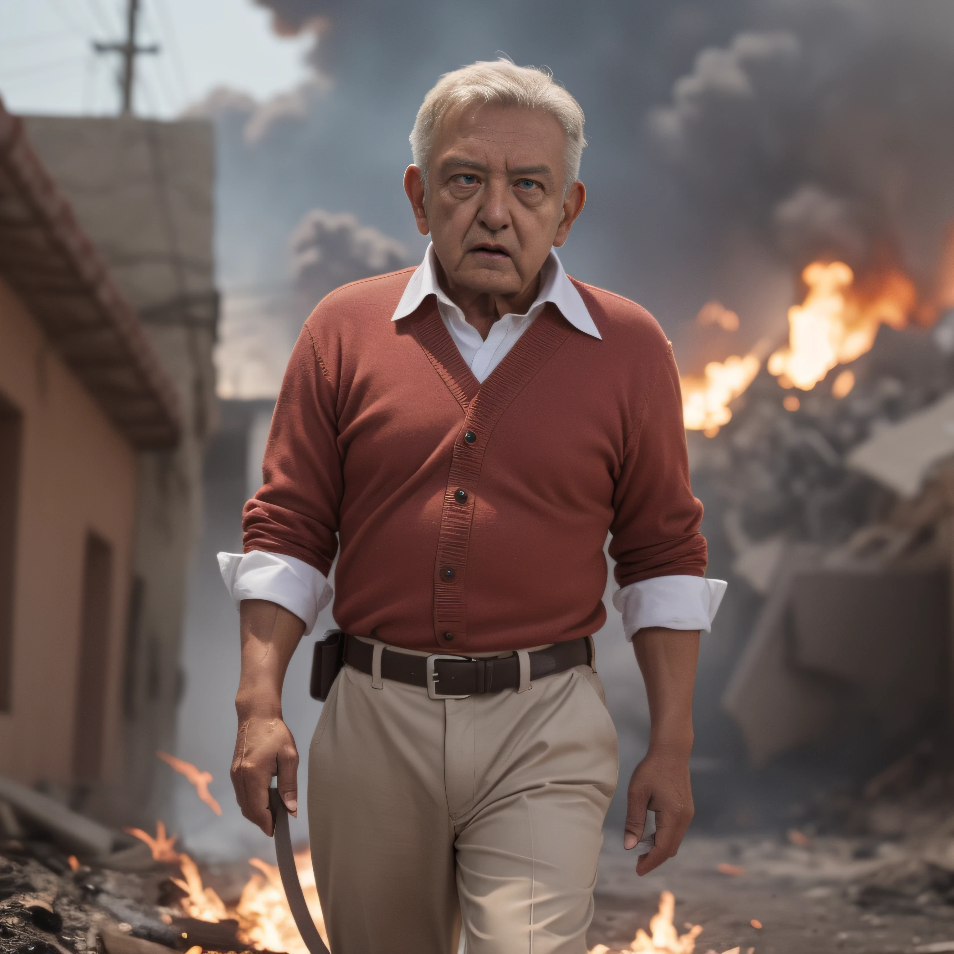 70 years, Old man in an action movie scene with explosions and fire, ropa negra, rostros detallados y expresivos, mexico"