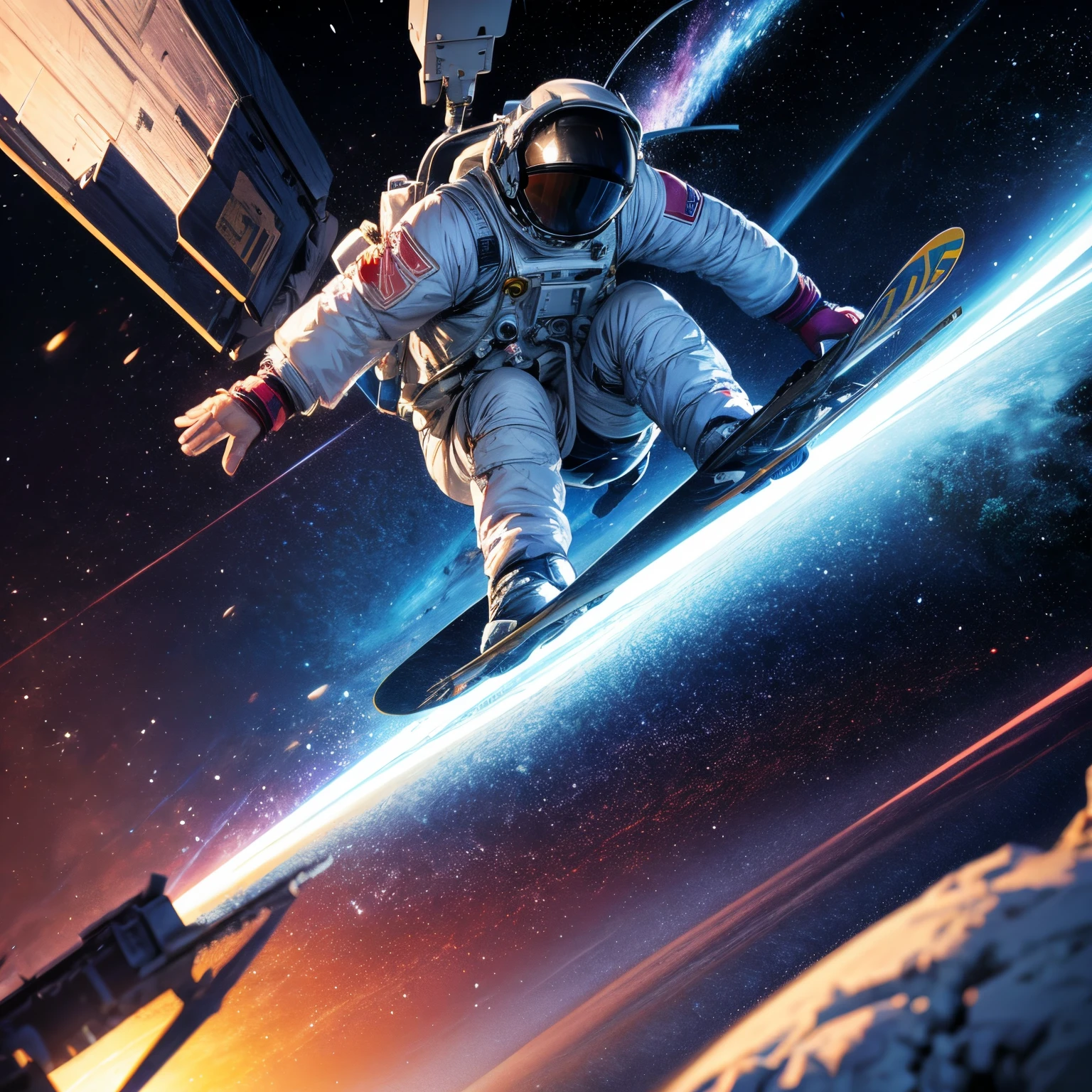 astronaut, snowboarding a hill, in the asteroid, character render, ultra high quality model, ethereal background, abstract beauty, oil painting, heavy strokes, galaxy background