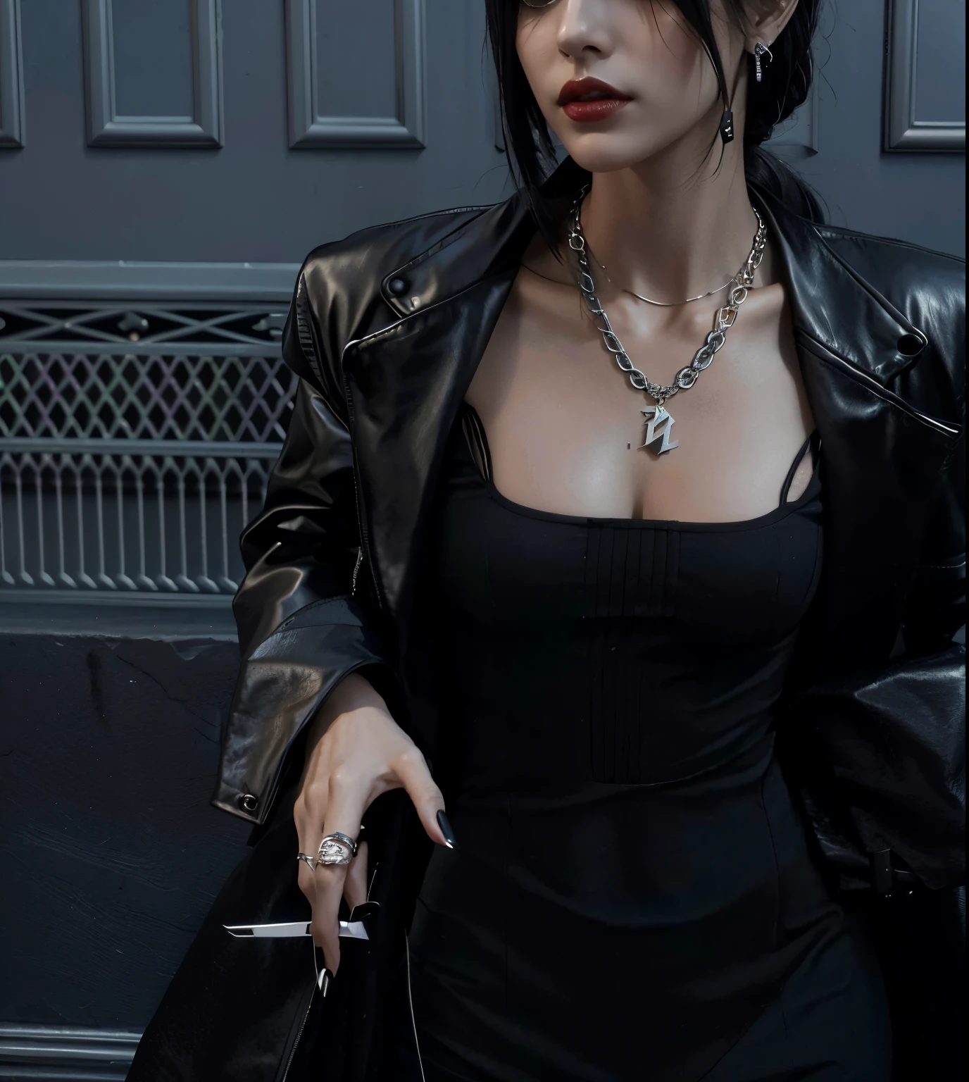 there is a woman in a black dress and a black jacket, cyber necklace, very aesthetic leather jacket, corrente de metal e capa preta, usando jaqueta de couro cyberpunk, Todas as roupas pretas cyberpunk, gothic aesthetic, roupas finas de couro preto, vestindo roupa camisola preta, style a mix of æon flow, usando uma corrente, Aeon Estilo Flow