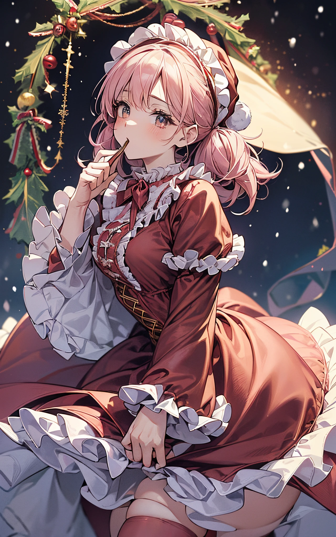 The theme is pink、Clothes are pink、Perfect human body、christmas night、(((He was wearing a Santa suit with lots of frills..、victorian santa costume)))、A beautiful woman landed in a snowy town、long  skirt、hair adornments、kirakira、Let&#39;s sing hymns loudly on this holy night、tights