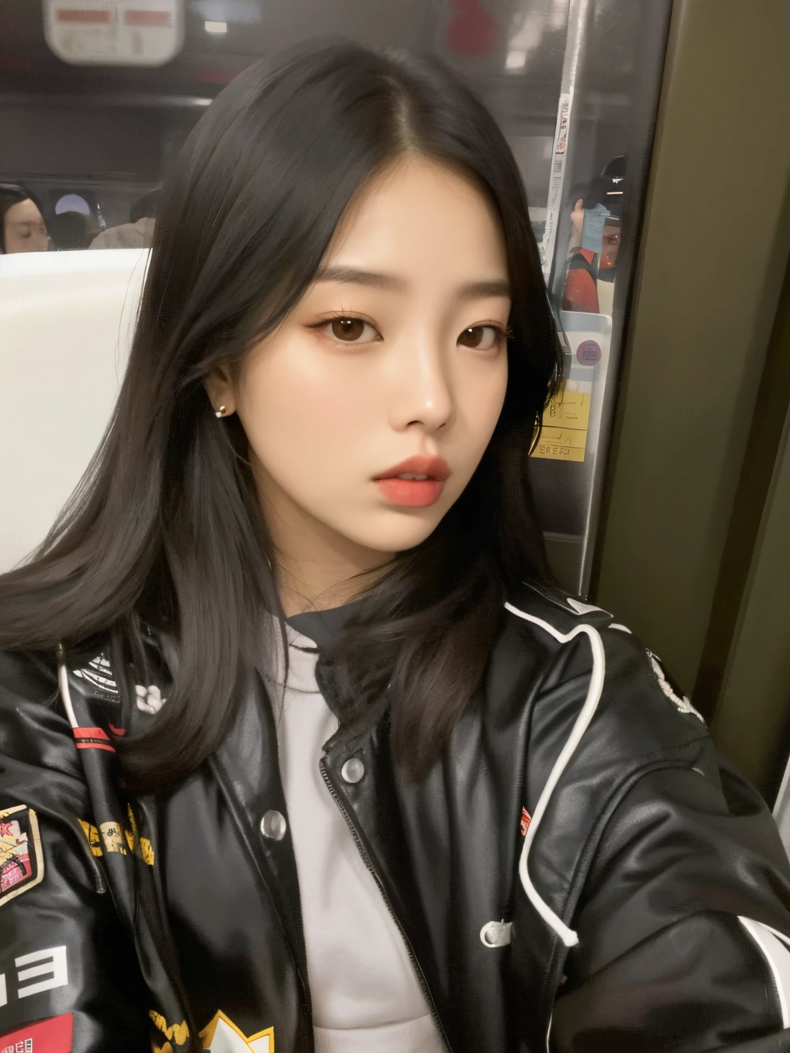 There's a woman sitting on a train with a cell phone, jennie blackpink, Parque Roseanne do Blackpink, gemma chen, Retrato de Jossi de Blackpink, menina coreana, Heonhwa Choe, jossi do blackpink, uma jaqueta preta de couro, usando uma jaqueta de couro preta com alguns adesivos nela, Jaeyeon Nam, Bae Suzy, Gongbi, linda mulher coreana jovem, cruel korean goth girl, a young asian woman, Jinyoung Canela