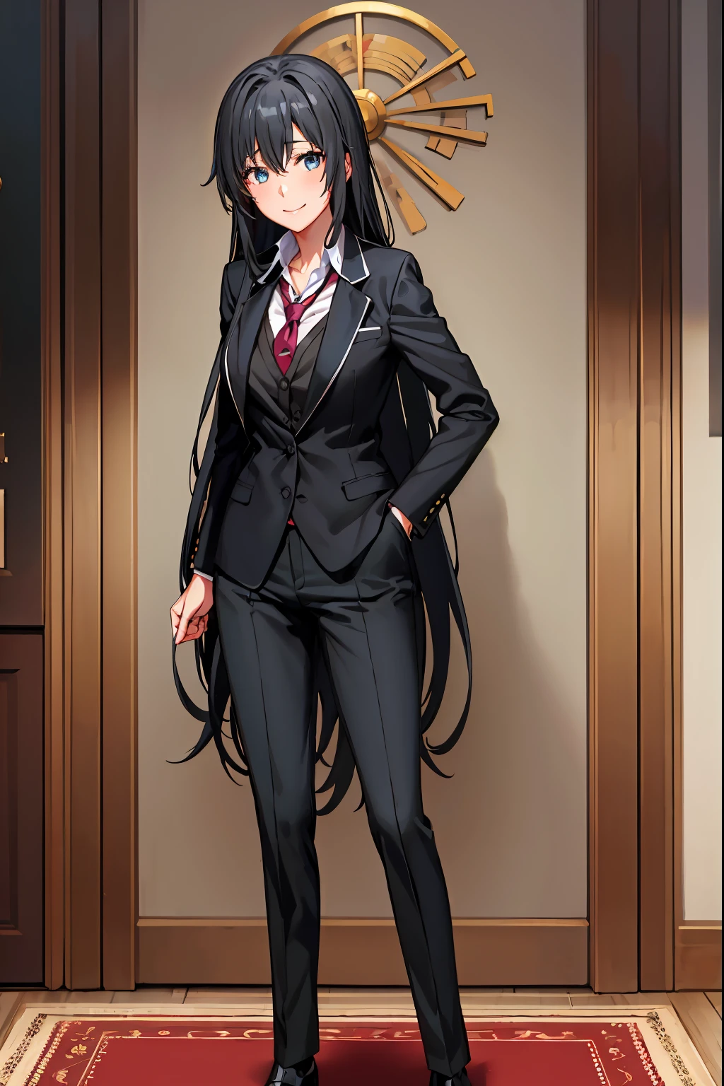 1GIRL , Yukinoshita yukino ,woman in suit tuxedo tailcoat standing in a large alcove in the room, 1girl, solo, necktie, black hair, blue eyes, long hair, smile, jacket, looking at viewer, Full body