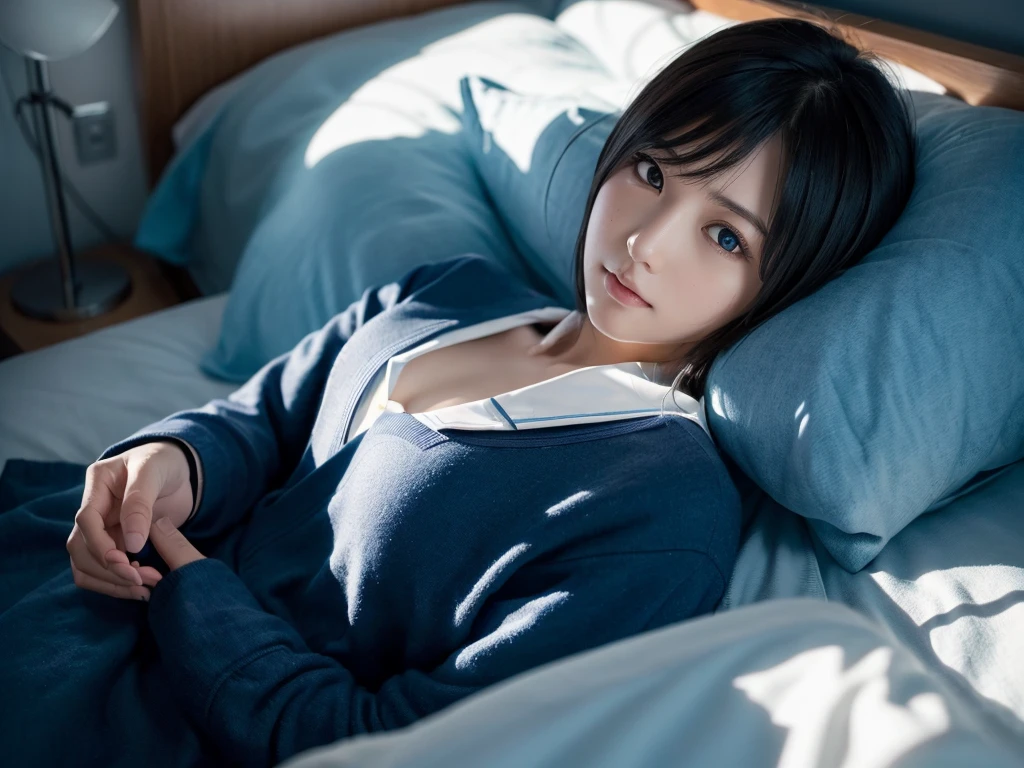 (in 8K、Raw photography, top-quality, hight resolution:1.2)、(realisitic、photoRealstic:1.5)、1 lady、((30 years old))、japanese, solo, Beautiful woman lying in bed sleeping, back, ((back camera)), ((School Uniforms)), ((less mole)), ((short hair)), detailed body, Cute and very detailed eyes, Cherry-heart-shaped lips, the chest is covered with cloth, ((room at night)), ((dark light)), dark ilumination, (blue colour shade), (cool lighting)