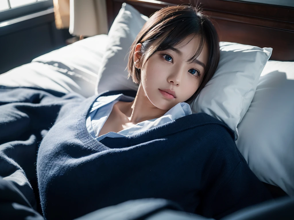 (in 8K、Raw photography, top-quality, hight resolution:1.2)、(realisitic、photoRealstic:1.5)、1 lady、((30 years old))、japanese, solo, Beautiful woman lying in bed sleeping, back, ((back camera)), ((School Uniforms)), ((less mole)), ((short hair)), detailed body, Cute and very detailed eyes, Cherry-heart-shaped lips, the chest is covered with cloth, ((room at night)), ((dark light)), dark ilumination, (blue colour shade), (cool lighting)