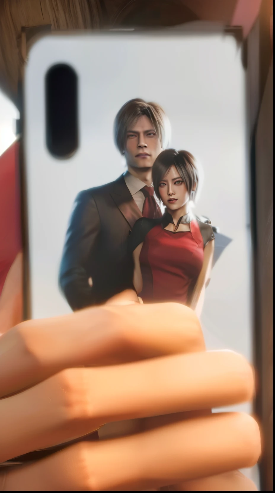 Man and woman, ada wong and Leon Scott kennedy, wearing blue tuxedo and red dress, smile, perfect face