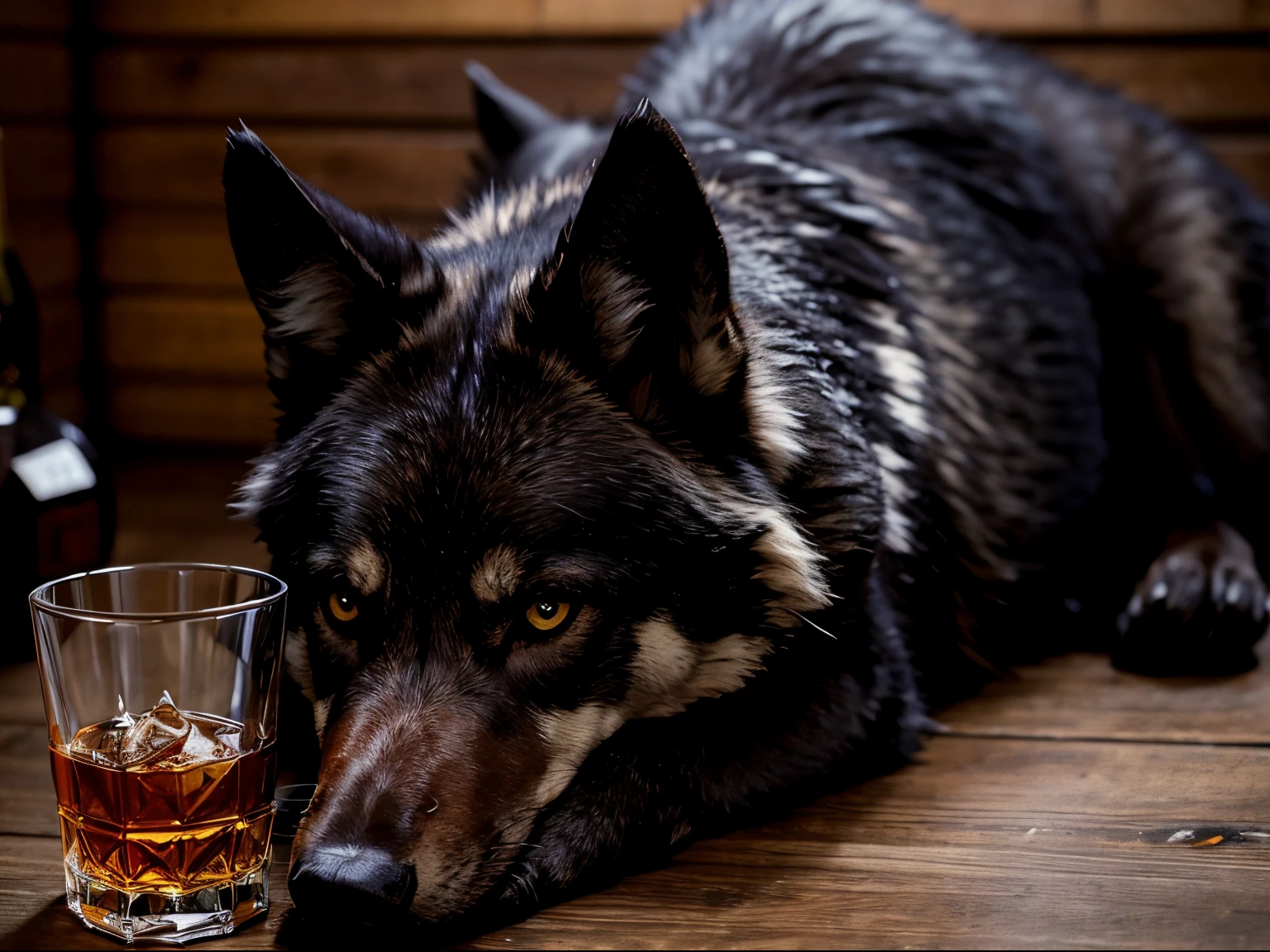 dark wolf drinking whisky