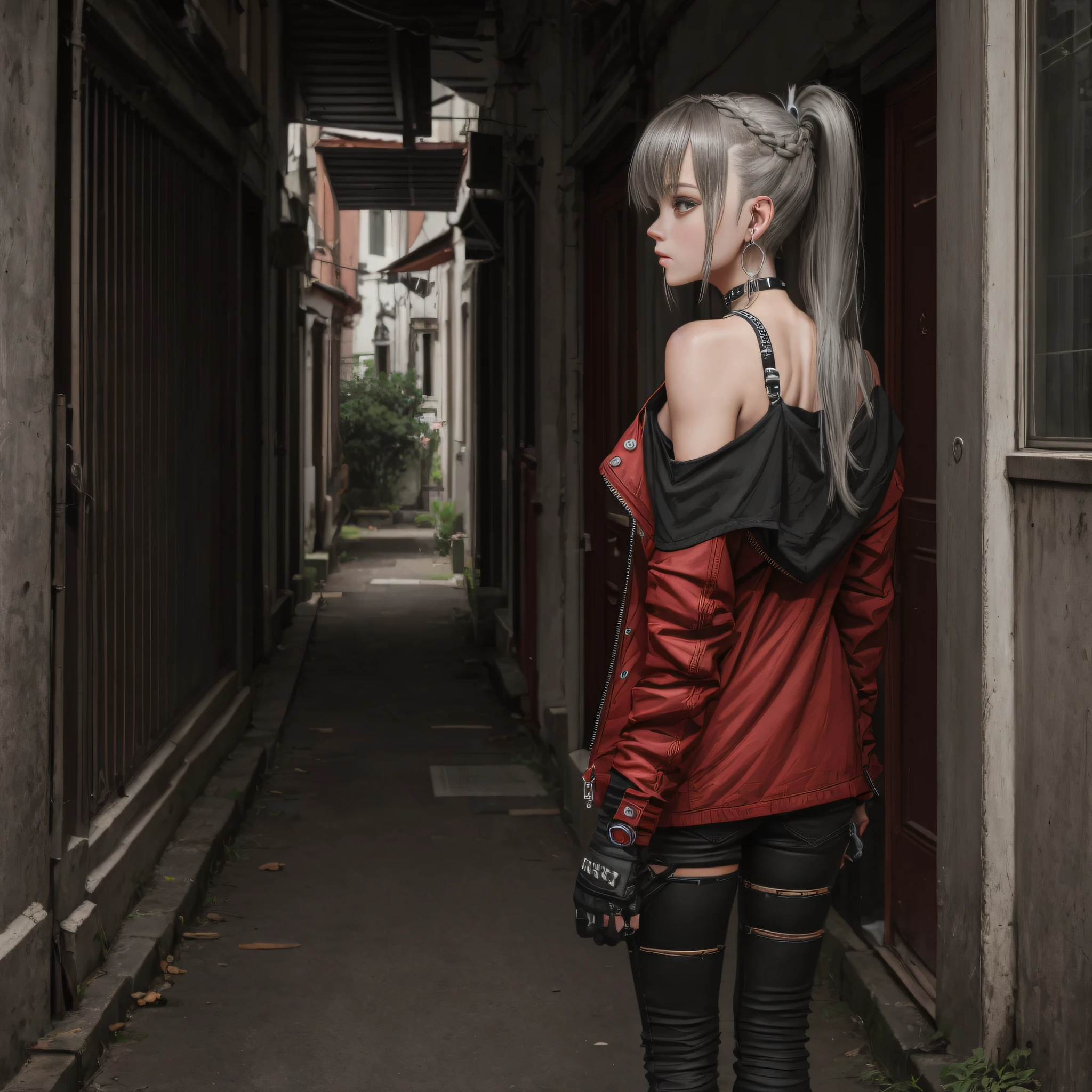 1girl, aqua eyes, back, bangs, bare shoulders, black gloves, blue eyes, braid, choker, earrings, fingerless gloves, from behind, gloves, grey hair, holding, jacket, jewelry, long hair, looking at viewer, looking back, nail polish, off shoulder, parted lips, piercing, ponytail, red jacket, solo, upper body,baiyi,[[realistic]],(shiny skin),(masterpiece:1.4),(best quality:1.4)