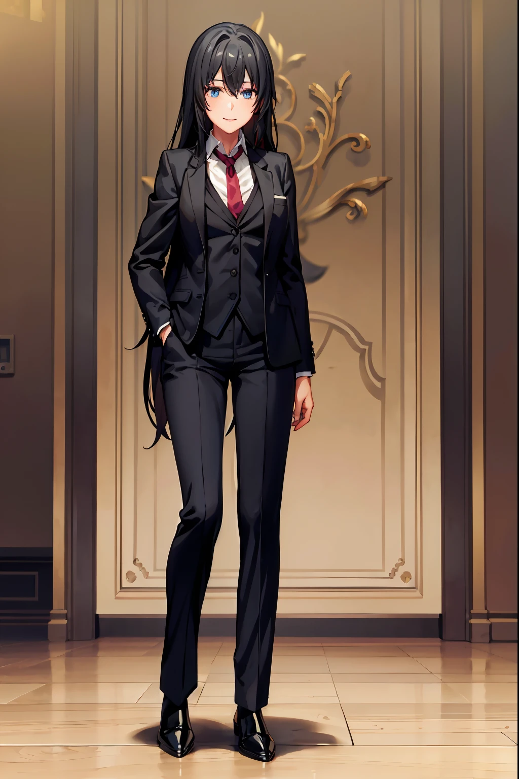 1GIRL , Yukinoshita yukino ,woman in suit tuxedo tailcoat standing in a large alcove in the room, 1girl, solo, necktie, black hair, blue eyes, long hair, smile, jacket, looking at viewer, Full body