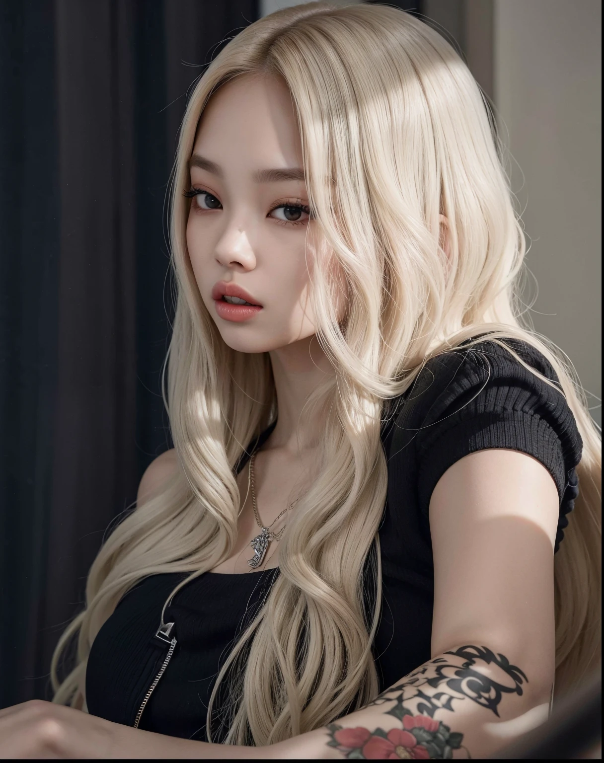 Jennie loira com cabelos longos e tatuagens sentada em frente a um espelho, ava max, menina perfeita de cabelos brancos, longos cabelos loiros e olhos grandes, extremely pale blond hair, com longos cabelos loiros, longos cabelos loiros e olhos grandes, com longos cabelos brancos, pale hair, com cabelos longos brancos, o cabelo dela branco, Branco - Cabelos Loiros, menina com cabelo branco jennie blackpink