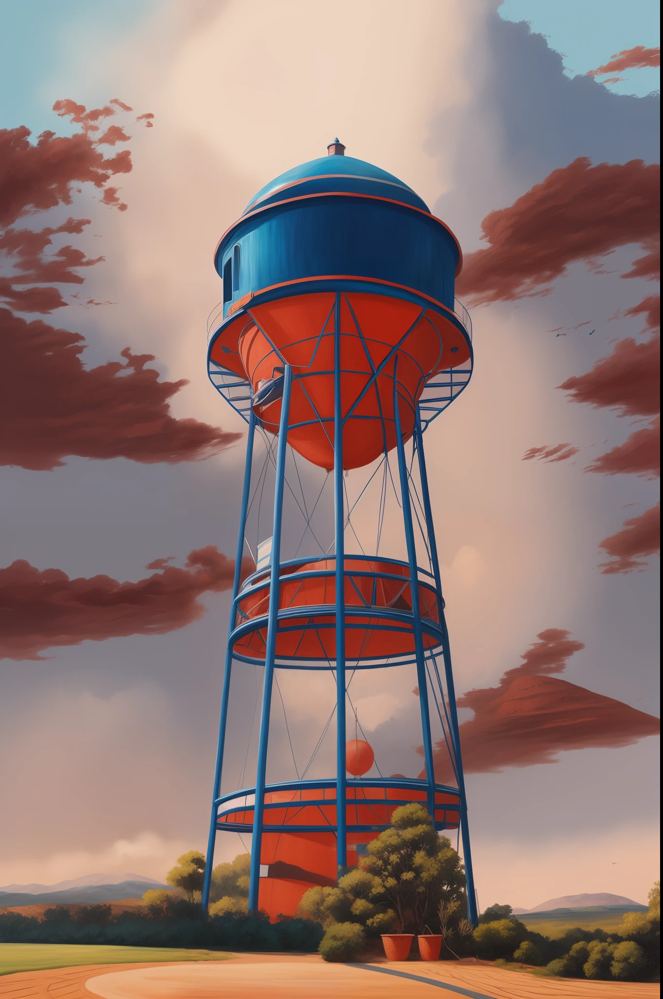 Hay una torre de agua con una cima azul con detalles rojos y de aluminio en un campo., Torre de agua Myllypuro, Tanque de agua, hermosa pintura de un alto, Bajo detalle. Pintura digital, Highly detailed illustration, Pintado en Anime Painter Studio, Hecho con Anime Painter Studio, Highly detailed illustration.", detailed 2d illustration, Pintura digital altamente detallada, stylized digital illustration