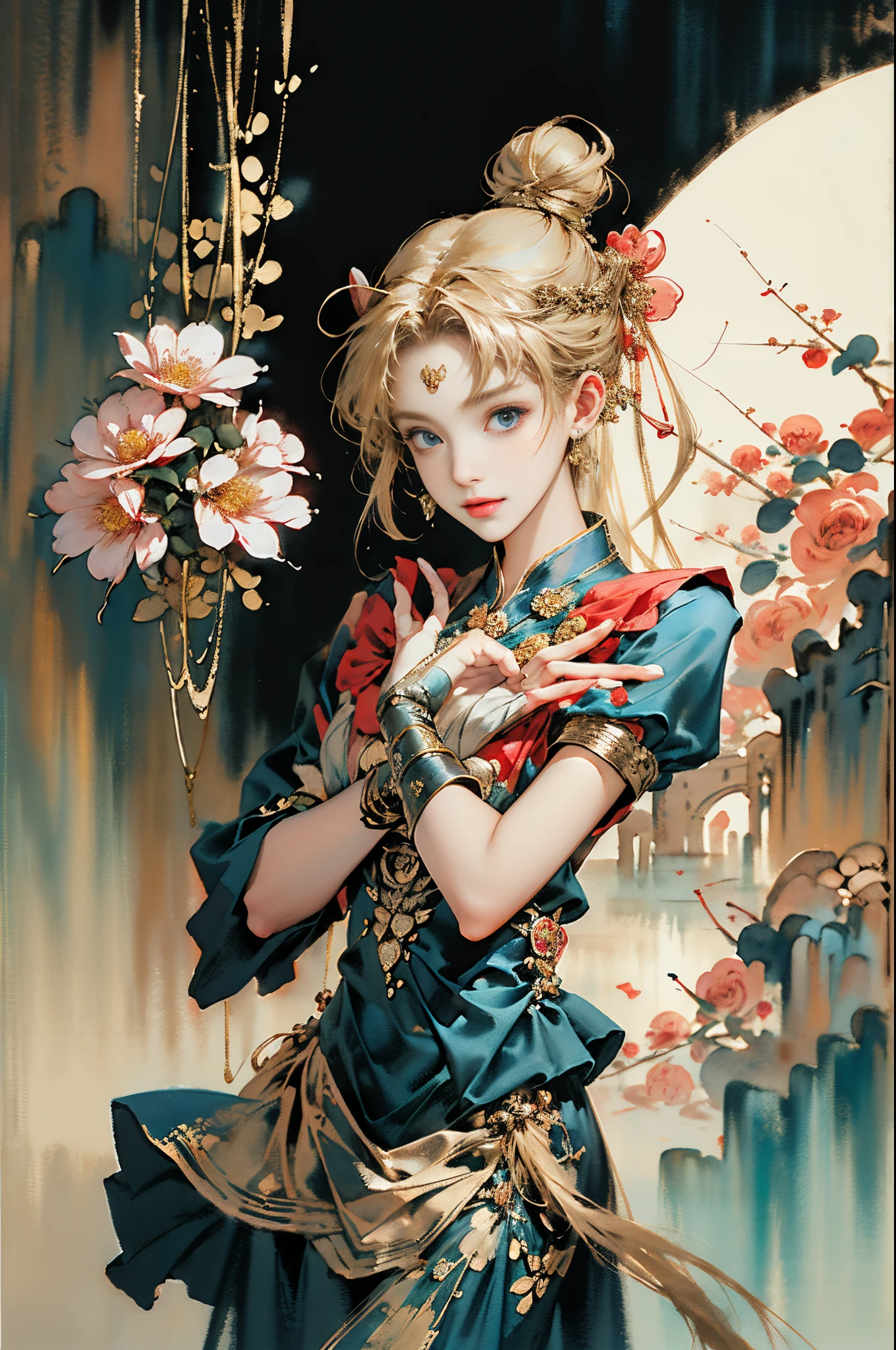 (tmasterpiece,quality,Best quality,offcial art,Beauty and aesthetics:1.2),(the sailor moon:1.6,Mariner Moon:1.6),((Long blonde hair, dual horsetail)),((Double ponytail in gold:1.6,Parted bangalls in a bun:1.4,Red round hair accessories in bun)),The content very detailed,(s fractal art:1.1),(One color:1.1)(flowers blooming:1.3),Most detailed,( tangled:1.2), (dynamicposes), (abstract backgrounds:1.3), (Chinese fabric:1.2), (Skin glows), (Lots of colors:1.4),(耳Nipple Ring:1.4),(Decorative painting:1.6,), lamplight,Ink painting and watercolor,ink,water ink,