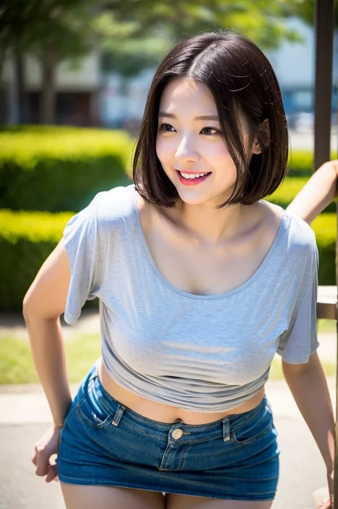 (8K、top-quality、​masterpiece:1.2)、(reallistic、Photorealsitic:1.2)A woman wearing a miniskirt and fixing her shoelaces in the park,Missing the line of sight、downbrouse、No bangs:1.10、straight flat chest:1.20, (leaning-forward:1.3)、(oversize tshirt、Loose-fitting T-shirt、Low Cut T-Shirt:1.5)、A refreshing smile,Alafed Girl, chiho, iwakura lain, closeup Iwakura Lain, With short hair, Shiori Teshirogi, Kotegawa Yui, hime-cut, She is , sui ishida with black hair, lain iwakura, girl cute-fine-face, Clear pubic contours,(Small breasts), hight resolution, ighly detailed, top-quality, [​masterpiece:1.6],, ighly detailed, nffsw, finely detail, top-quality, , Cinematographic lighting, 1girl in、17 age、cute se girls、perfect body type、, cute droopy eyes beautiful big eyes、ultra-detailliert、hight resolution、Transcendent beauty　top-quality、​masterpiece、majicMIX Real、(Raw photography:1.2)、(Photorealsitic:1.4)、Negative Prompt