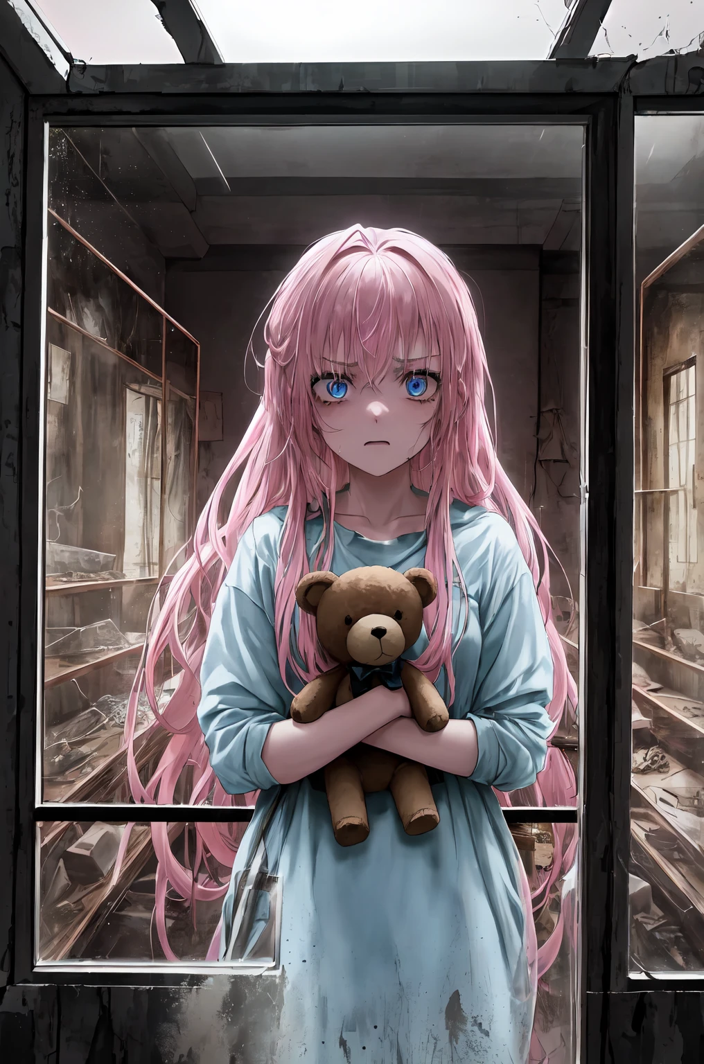 1girl, pink hair, blue eyes, (cowboy_shot:1.2), face focus, long hair, sidelocks, scared,(terrified:1.1) expression, holding teddy bear, atmospheric lighting, moody, darkness, in an old abandoned museum, transparent glass display cases filled with interesting objects, dusty, post-apocalypse, cobwebs, superb, beautiful 8k wallpaper, extremely detailed, intricate