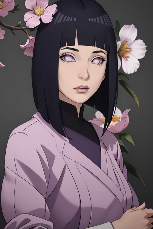 master part, absurdos, Hinata\(Boruto\), 1woman, sozinho,Mature female, university professor formal wear, mini saia de cintura alta, looking at the petals), perfect composition, Detailed lips, peito grande, beautiful face, body propotion, corar, (pink lips), cabelos longos,  Purple eyes,  olhar suave,  super realistic, circunstanciado, Photo Session, rosto e corpo realistas, clivagem
