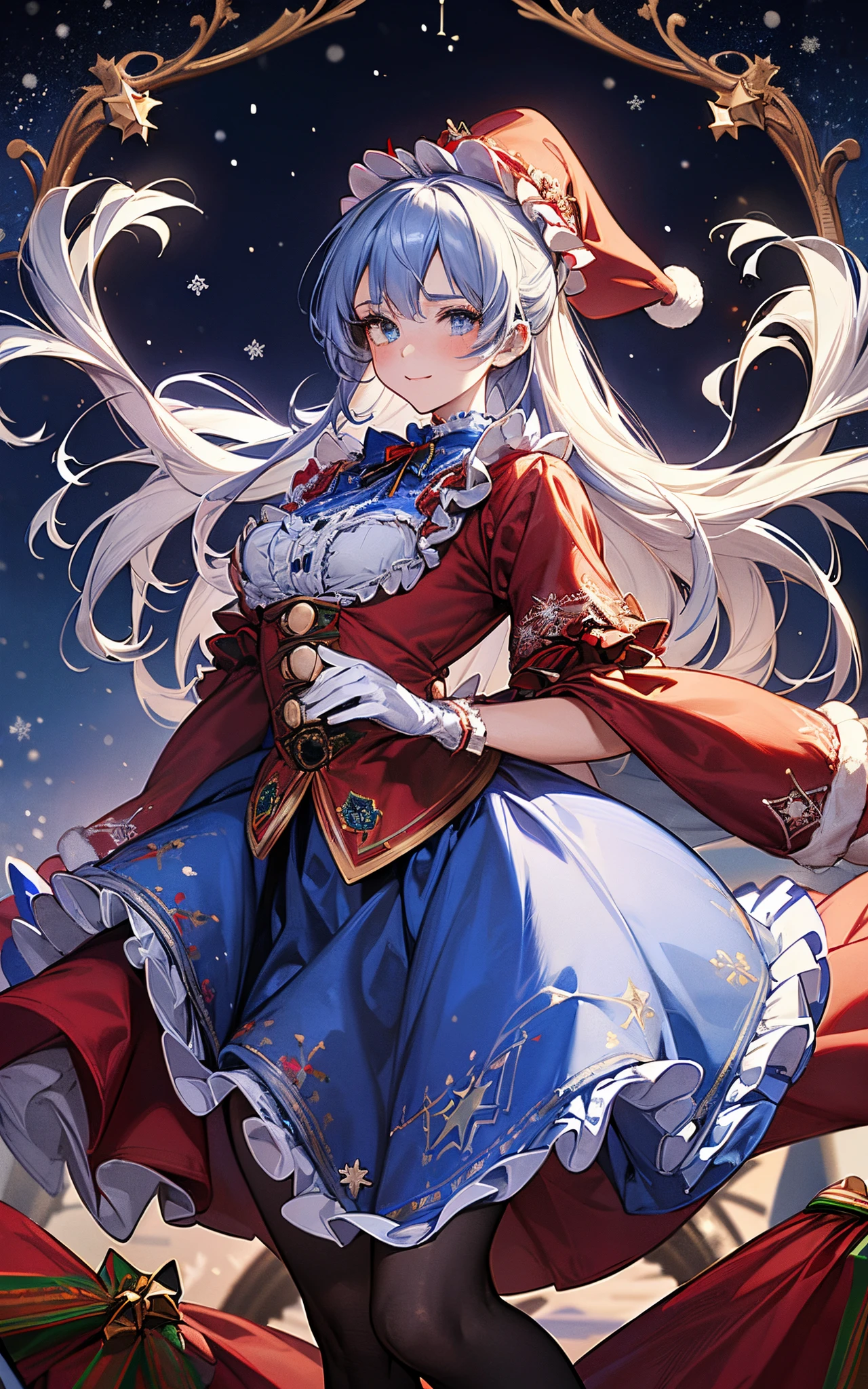 Theme is blue、Clothes are blue、Perfect human body、christmas night、(((He wore a Santa suit decorated with lots of frills.、victorian santa outfit)))、long skirt、hair adornments、kirakira、Sing a hymn loudly on a holy night、tights