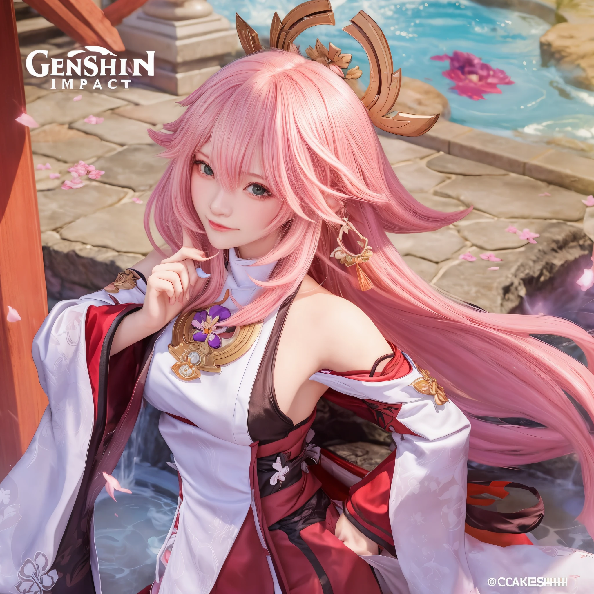 anime girl with pink hair and a white dress standing in front of a fountain, yae miko from genshin impact, yae mikogenshin impact, cushart krenz key art feminine, yae mikofrom genshin impact, yae mikogame genshin impact, genshin impact character, genshin impact, genshin, genshin impact style, video game genshin impact