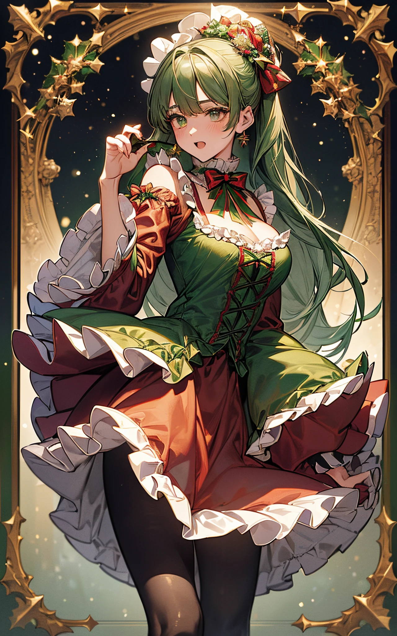 The theme is green、Clothes are green、Perfect human body、christmas night、(((He was wearing a Santa suit with lots of frills..、victorian santa costume)))、A beautiful woman landed in a snowy town、long skirt、hair adornments、kirakira、Let's sing hymns loudly on this holy night、tights