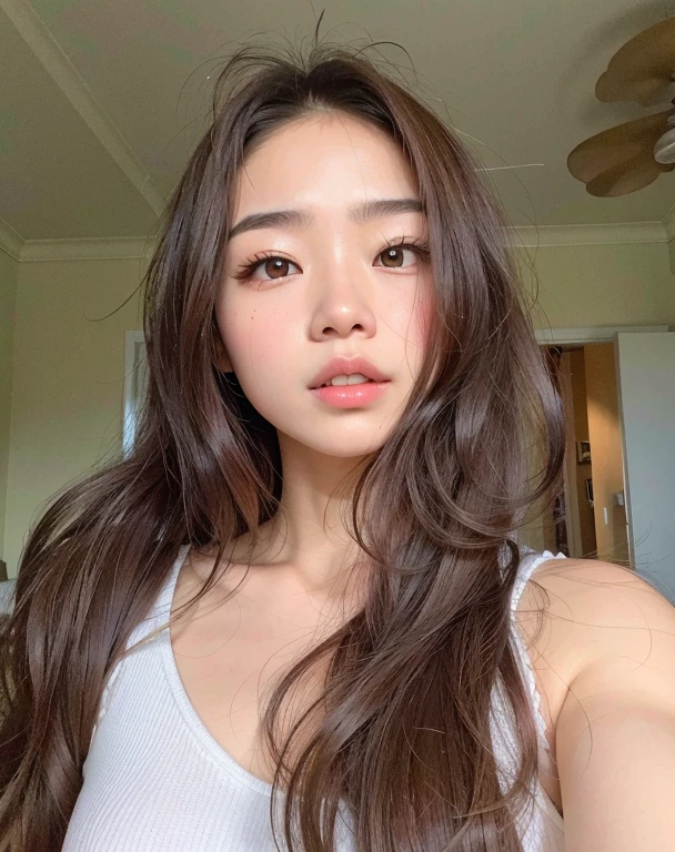 Arafed Asian woman with long brown hair and white tank top, young adorable korean face, maquiagem coreana popular, linda mulher coreana jovem, maquiagem sul-coreana popular, Mulher sul-coreana bonita, mulher coreana jovem bonita, coreana, korean face features, Ulzzang, Fotografia selfie 8k, Jaeyeon Nam, Beautiful Asian girl, young cute wan asian face