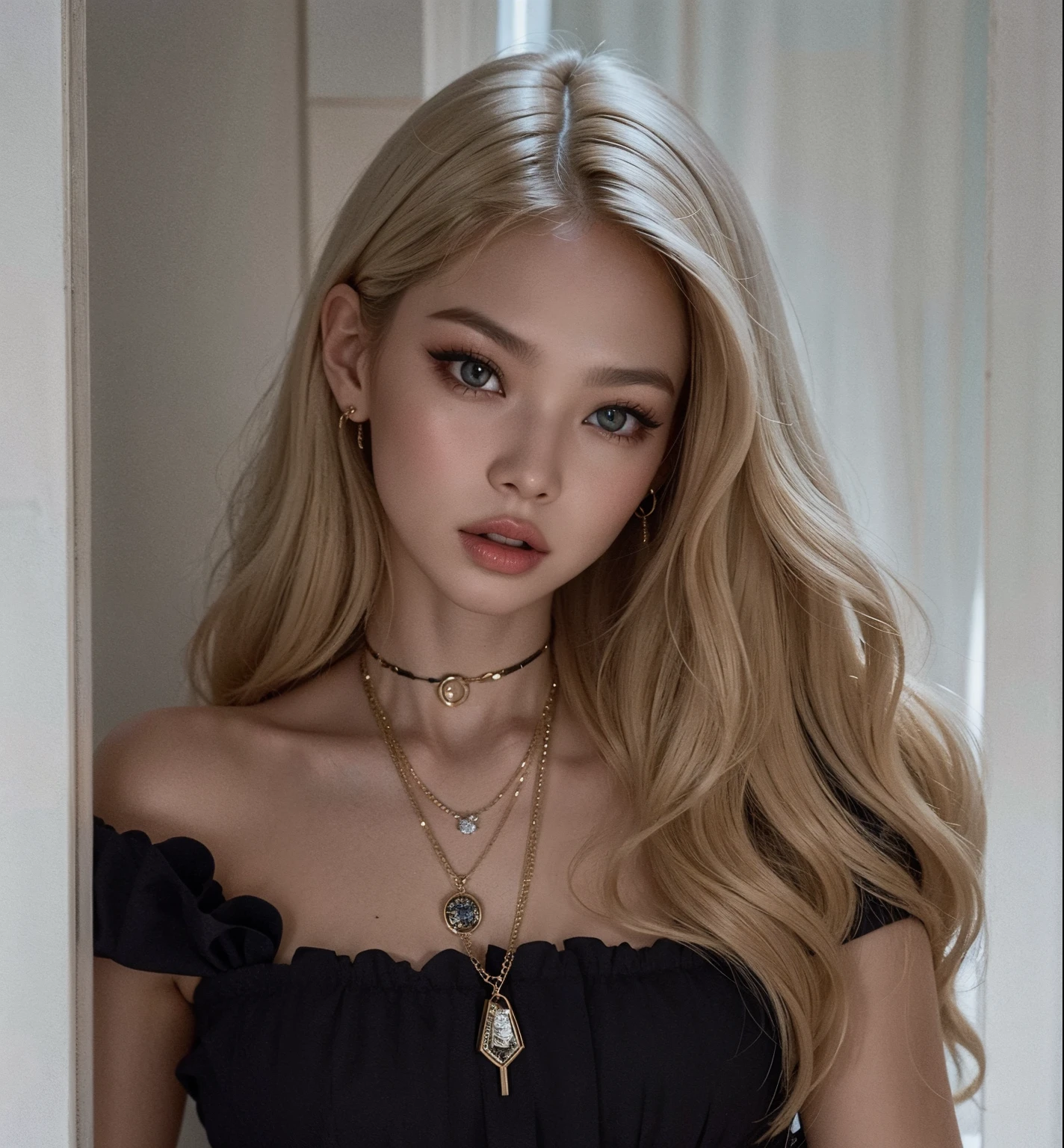 Jennie loira com cabelo longo e um vestido preto posando para uma foto, longos cabelos loiros e olhos grandes, Retrato de jossi blackpink longos cabelos loiros e olhos grandes, cabelos loiros e olhos grandes, ava max, extremely pale blond hair, ****** perfeita de cabelos brancos, pale hair, com cabelos longos e olhos penetrantes, Anna Nikonova aka Newmilky, com longos cabelos loiros jennie kim