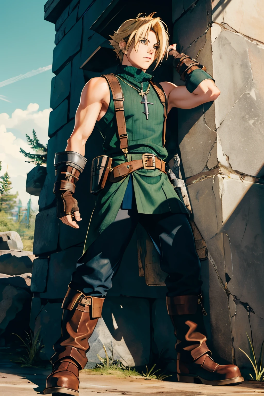 wide full-length shot, dynamic pose, Cole has dirty blonde hair styled with some spikes neat but defiant, His eyes glow blue-green, one eye brighter than the other to show some ancient magic within, He wears a dark green tunic lined with silver plates like an armored SOLDIER uniform, The tunic extends to his knees for ease of movement, Underneath  a black undershirt with one sleeve missing to allow greater shoulder movement, He wears a pauldron on his other shoulder, He wears tough leather gauntlets on both hands and arms, Cole wields a single-edged broadsword reminiscent of the Buster Sword but lighter and engraved with Hylian runes along its fuller, At his waist hangs gadgets like bombs, and a hookshot, His boots appear made for both forest treks and  missions, Cole's personality echoes his heroic determinations tempered by dark burdens, masterpiece, high quality, 4K, cloud strife, shoulder armor, sleeveless turtleneck, suspenders, belt, baggy pants, gloves, bracer, boots, ootLink, hat, green tunic, belt, fingerless gloves, boots, weapon on back