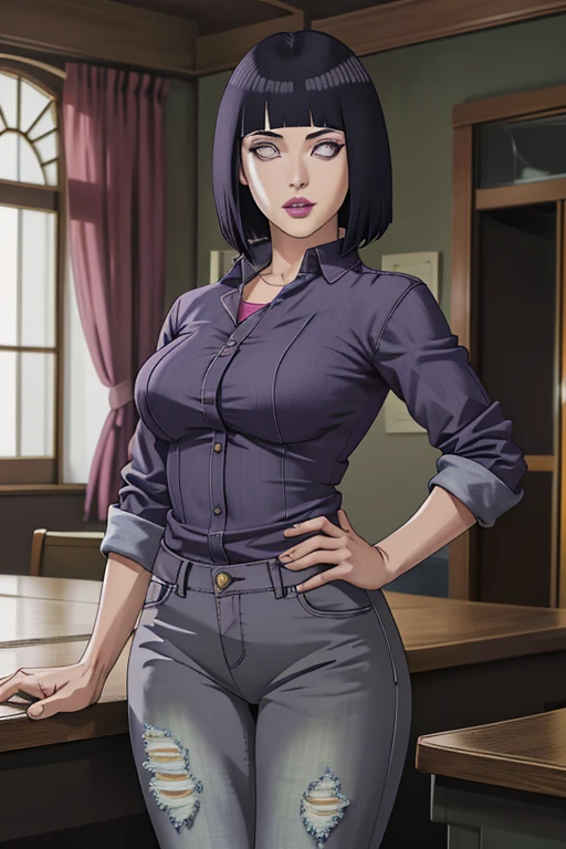 master part, absurdos, Hinata\(Boruto\), 1woman, sozinho,Mature female, university professor formal wear, Denim Jeans Pants, ), perfect composition, Detailed lips, peito grande, beautiful face, body propotion, corar, (pink lips), cabelos longos, Purple eyes, olhar suave, super realistic, circunstanciado, Photo Session, rosto e corpo realistas, clivagem,corpo inteiro,dentro da sala dos professores