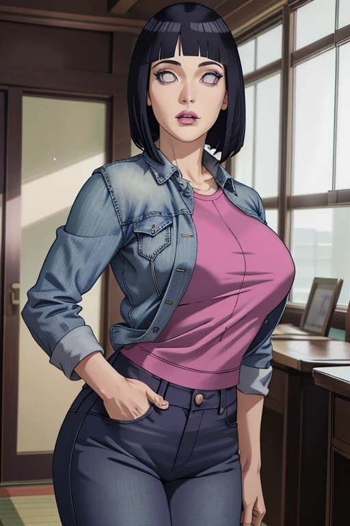 master part, absurdos, Hinata\(Boruto\), 1woman, sozinho,Mature female, university professor formal wear, Denim Jeans Pants, ), perfect composition, Detailed lips, peito grande, beautiful face, body propotion, corar, (pink lips), cabelos longos, Purple eyes, olhar suave, super realistic, circunstanciado, Photo Session, rosto e corpo realistas, clivagem,corpo inteiro,dentro da sala dos professores
