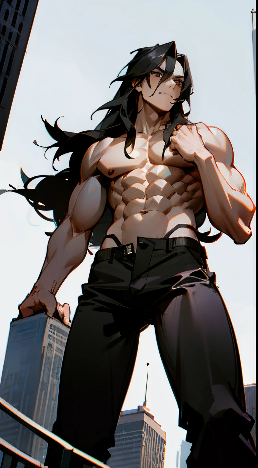 Man, long hair, abs, shirtless, black pants, emo, towering over city, giant, ((from below))