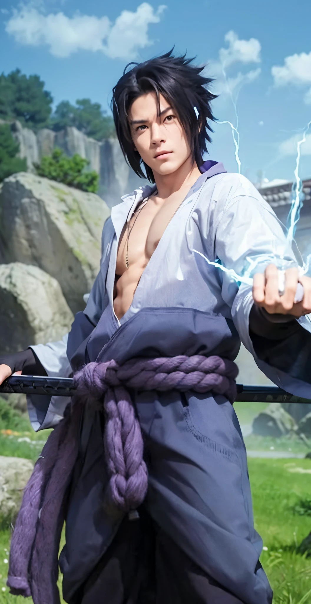 Real life adaption of this character , handsome face, same spiky hair, there big rope purple on his waist ,there a katana on his waist on the back, holding realistic A bolt of electricity emerged from his hand (realistic same outfit),realistic scenery background , realistic light, realistic shadow, realism, hyper realistic,(photorealistic:1.2), normal small eyes, muscular man body
