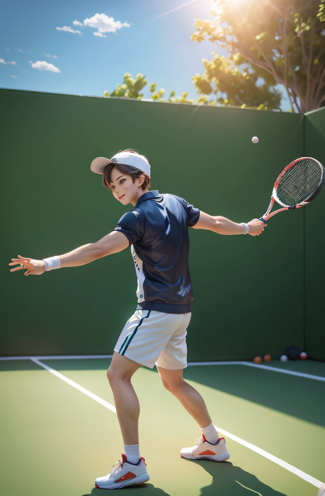 A boy plays tennis on a tennis court, (Play tennis action:1.2), (Full body lesbian), Short hair details, track suit, light smile, athlete, stadio, Overclocked renderer, c4d, blindbox, Cute 3d anime boy rendering, perfect litthing, The full body of the character, Sun hat, sneaker art:1,2), Best quality at best, tmasterpiece, Original, very detailed wallpaper, perfect litthing,(extremely detremely detailed CG:1.2),