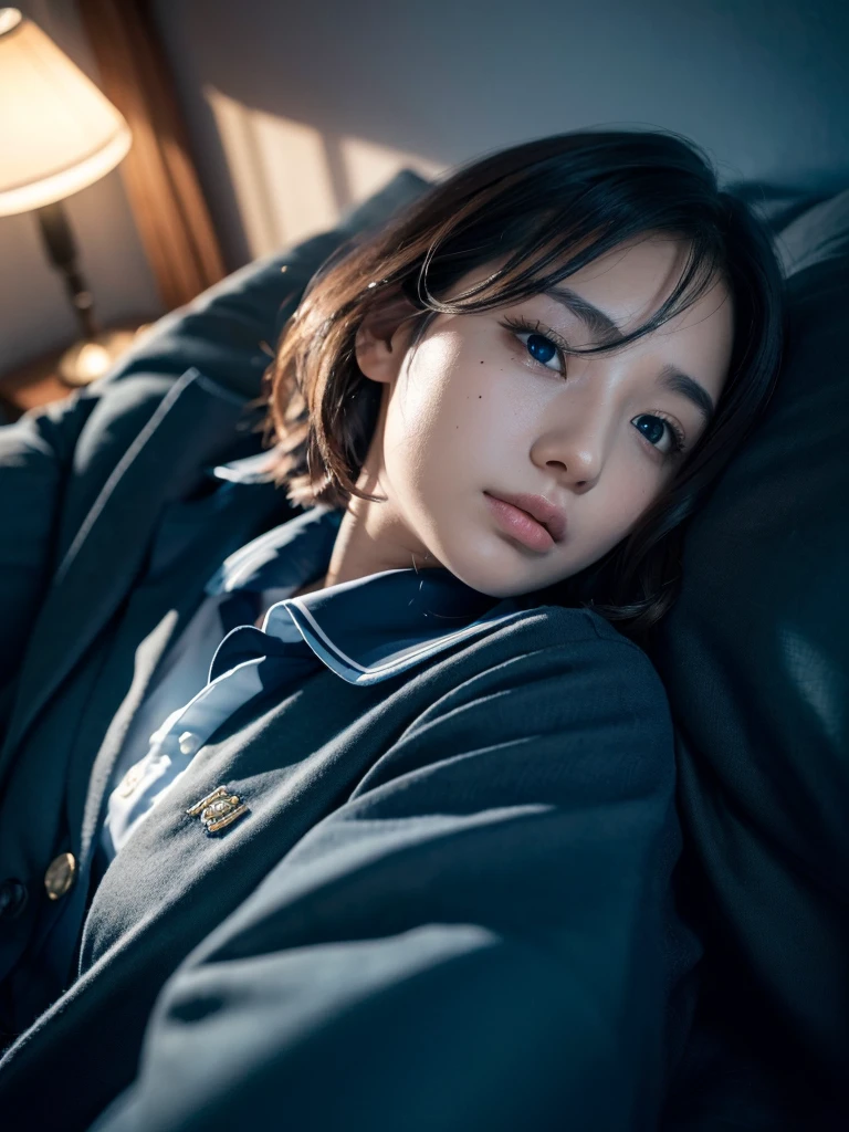 (in 8K、Raw photography, top-quality, hight resolution:1.2)、(realisitic、photoRealstic:1.5)、1 lady、((30 years old))、japanese, solo, Beautiful woman lying in bed sleeping, ((back)), ((back camera)), ((School Uniforms)), ((less mole)), ((short hair)), ((wavy hair)), detailed body, Cute and very detailed eyes, ((room at night)), ((dark light)), dark ilumination, (blue colour shade), (cool lighting)
