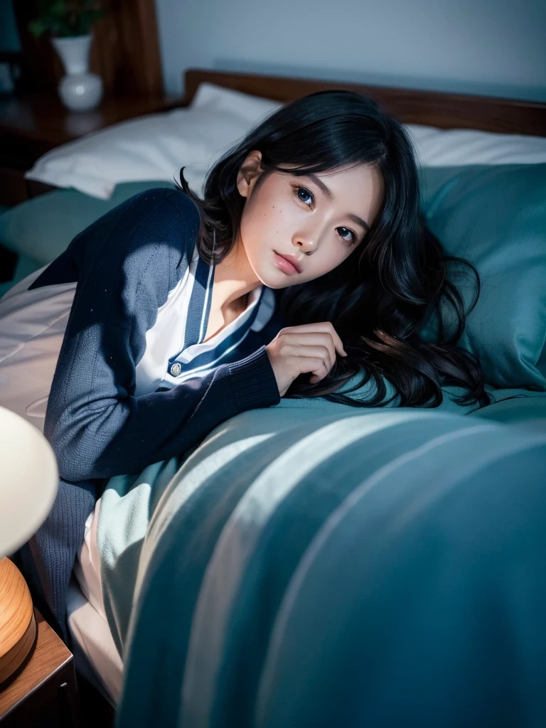 (in 8K、Raw photography, top-quality, hight resolution:1.2)、(realisitic、photoRealstic:1.5)、1 lady、((30 years old))、japanese, solo, Beautiful woman lying in bed sleeping, ((back)), ((back camera)), ((School Uniforms)), ((less mole)), ((short hair)), ((wavy hair)), detailed body, Cute and very detailed eyes, ((room at night)), ((dark light)), dark ilumination, (blue colour shade), (cool lighting)