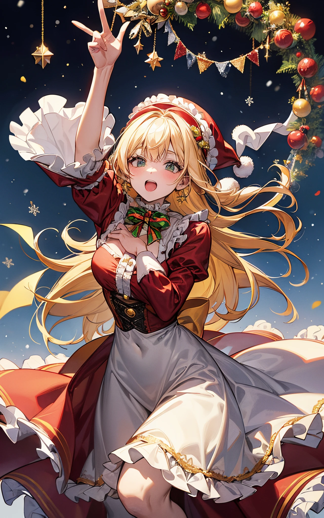 The theme is yellow、Clothes are yellow、Perfect human body、christmas night、(((He was wearing a Santa suit with lots of frills....、victorian santa costume)))、A beautiful woman landed in a snowy town、long  skirt、hair adornments、kirakira、Let#39;Let#39;Let&#39;s sing hymns loudly on this holy night、tights