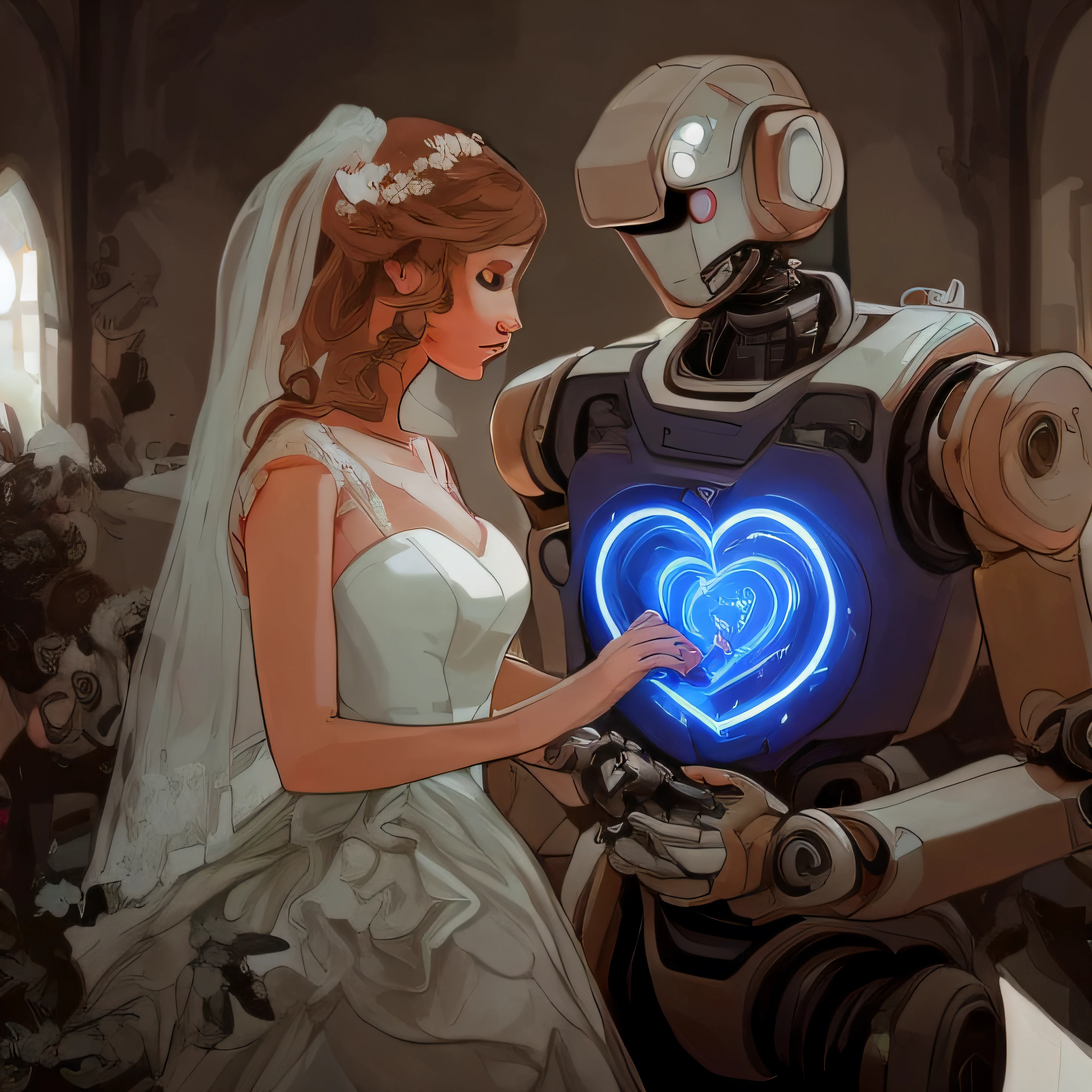 A woman in a wedding dress, Holding hands with robots, Standing face to face at a wedding. Robot represents the robot family,Woman represents humanity. (Best quality,4K,8K,A high resolution,tmasterpiece:1.2),ultra - detailed,(actual,realistically,realisticlying:1.37),HighDynamicRange,hyper HD,Studio lighting,Ultra-fine painting,Focus sharp,physically-based renderingt,Extremely detailed description,professional,vibrant with colors,bokeh. The scene features beautiful artistic illustrations, depicts a concept of love. Both the woman and the robot have detailed character designs, Highlight their unique beauty. Beautiful digital artwork depicting weddings, By the talented artist Rafael Rizzi (Raphael Rizzi) creation (Raphael Rizzi) Created.