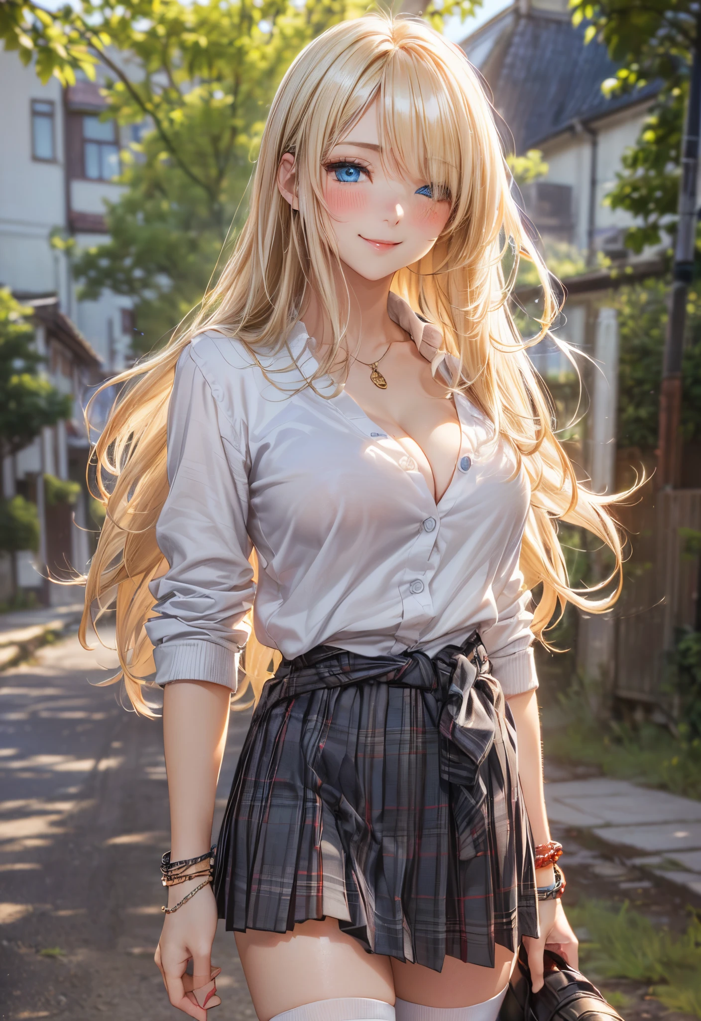 absurderes, ultra-detailliert,(in 8K:1.3),masuter piece,extremely beautiful detailed face and eyes, (Close one eye and smile:1.4),(School Uniforms:1.2), (gals:1.3), (White shirt:1.3), (Wrap a beige cardigan around your waist:1.3), ((cleavage, Unbuttoned):1.2),medium breasts,(Plaid pleated skirt:1.2), (Necklace,Colorful bracelets,(Loose white socks:1.4),(A bracelet:1.2),(standing on a country road:1.2),(countryside view:1.3)Skysky,(Smooth straight blonde hair:1.3), (Hair parted in the middle:1.3),(Shiny hair:1.2), Delicate beautiful face, (red blush:1.2)、(Deep Blue Eyes:1.3),(Black loafers:1.3),(Full body:1.3)