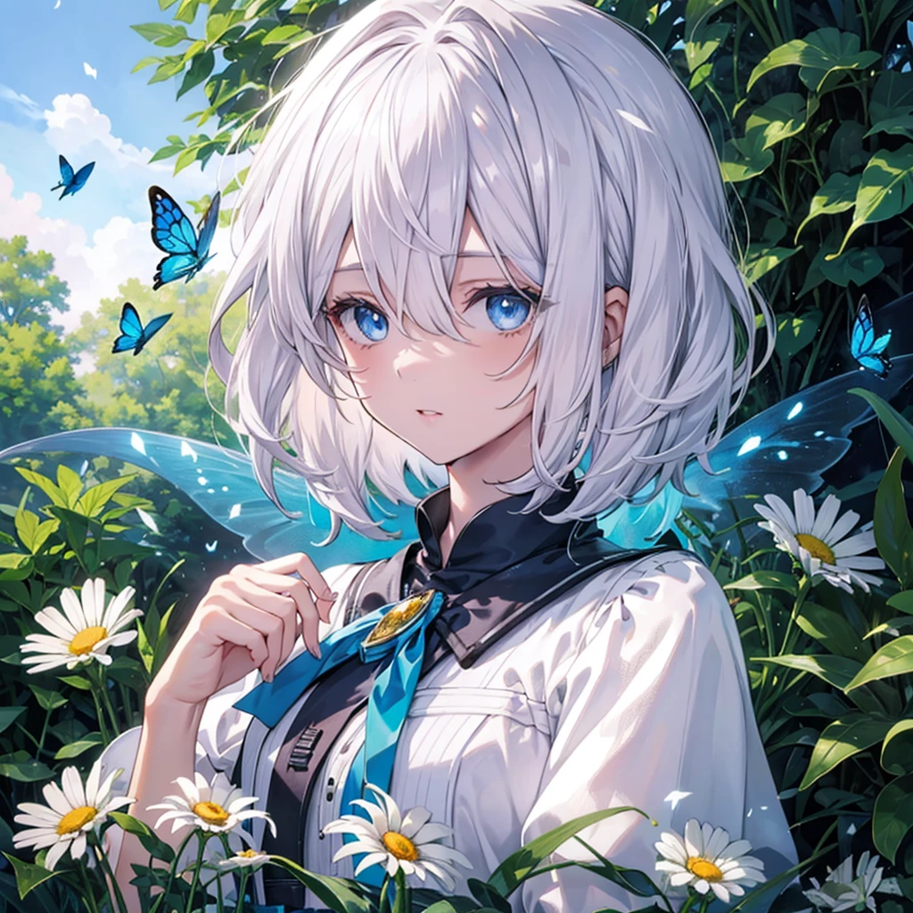 1 girl, white haired girl, messy hair, short hair, detailed face, detailed eyes, blue eyes, Long blue shirt, Chamomile fields under blue skies, blue butterflies flying, expressionless faces, Shadow effect from trees, super detail, detailed lighting