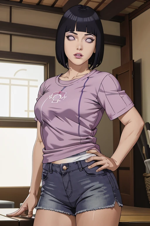 master part, absurdos, Hinata\(Boruto\), 1woman, sozinho,Mature female, usando camiseta regata, usando shorts jeans, ), perfect composition, Detailed lips, peito grande, beautiful face, body propotion, corar, (pink lips), cabelos longos,  Purple eyes,  olhar suave,  super realistic, circunstanciado, Photo Session, rosto e corpo realistas, clivagem,corpo inteiro,dentro da sala de casa