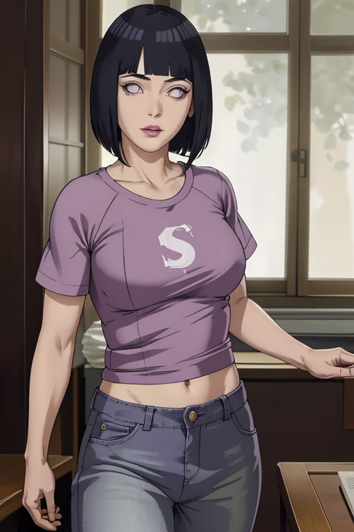 master part, absurdos, Hinata\(Boruto\), 1woman, sozinho,Mature female, usando camiseta regata, usando shorts jeans, ), perfect composition, Detailed lips, peito grande, beautiful face, body propotion, corar, (pink lips), cabelos longos, Purple eyes, olhar suave, super realistic, circunstanciado, Photo Session, rosto e corpo realistas, clivagem,corpo inteiro,dentro da sala de casa