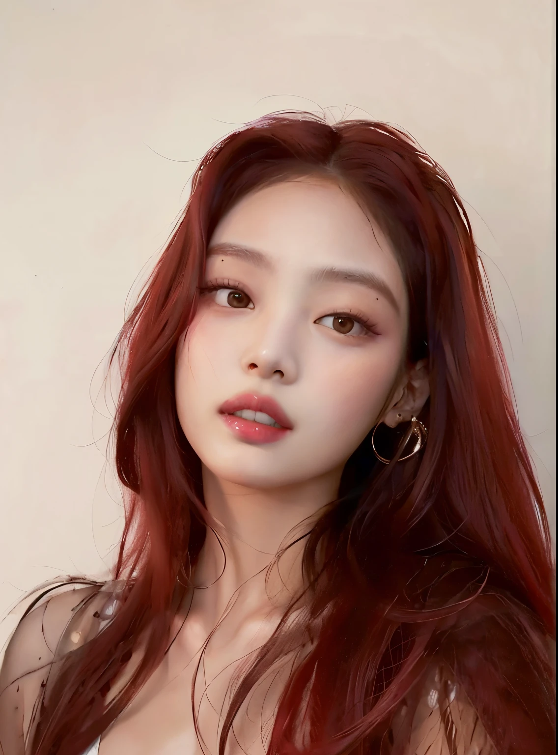 Mujer arafed con cabello rojo y aretes posando para una foto., maquillaje coreano popular, Retrato de Jossi de Blackpink, Joven y adorable rostro coreano, Hermosa joven coreana, maquillaje popular de Corea del Sur, portrait of female Korean idol, Retrato de Kpop Idol, Hermosa mujer surcoreana, Hermosa joven coreana, Retrato realista kawaii, Retrato Jisoo Blackpink, Wan adorable cara coreana