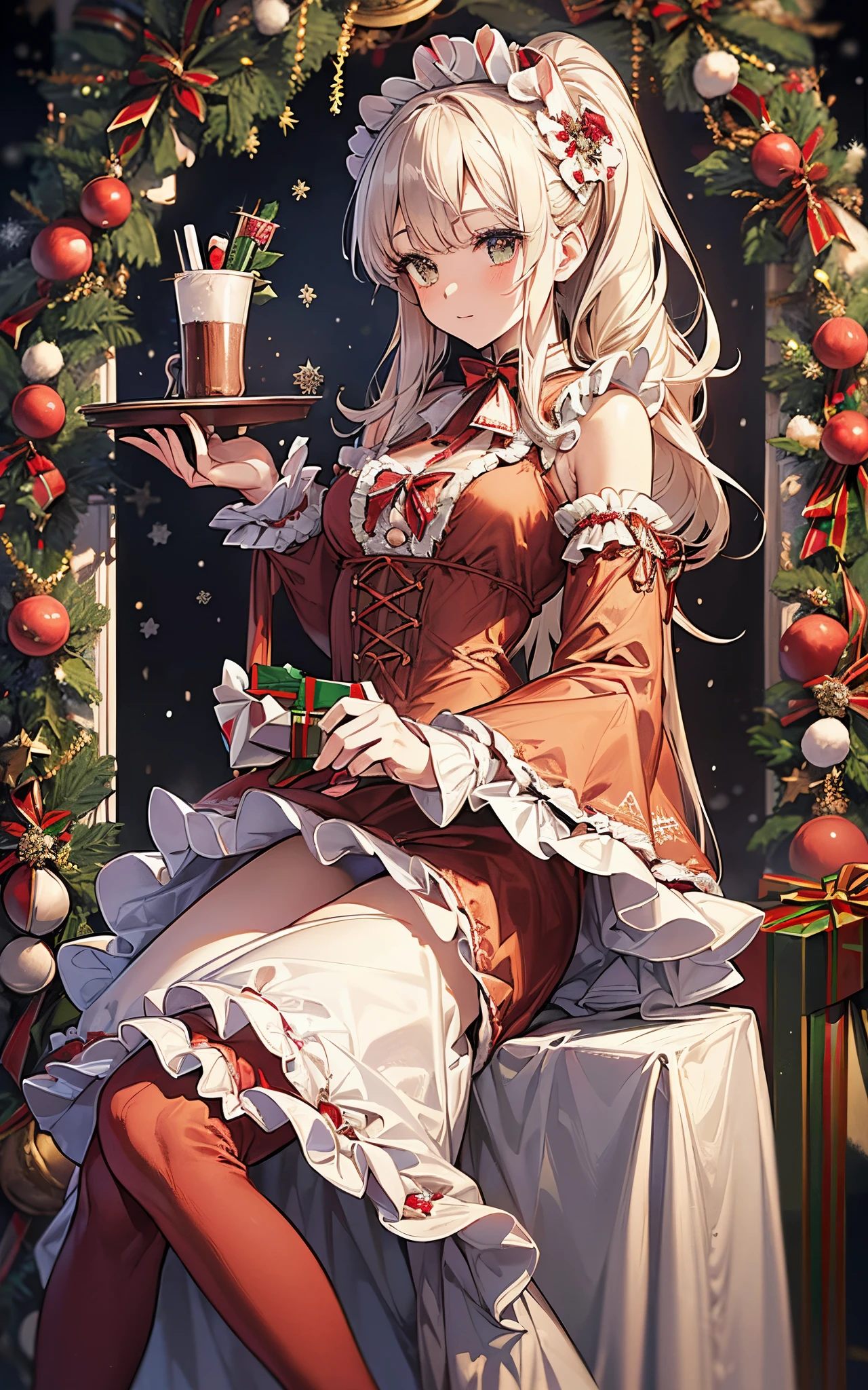 Perfect human body、christmas night、(((He wore a Santa suit decorated with lots of frills.、victorian santa outfit)))、Warm up in front of the fireplace、long  skirt、hair adornments、kirakira、Take a breather、tights