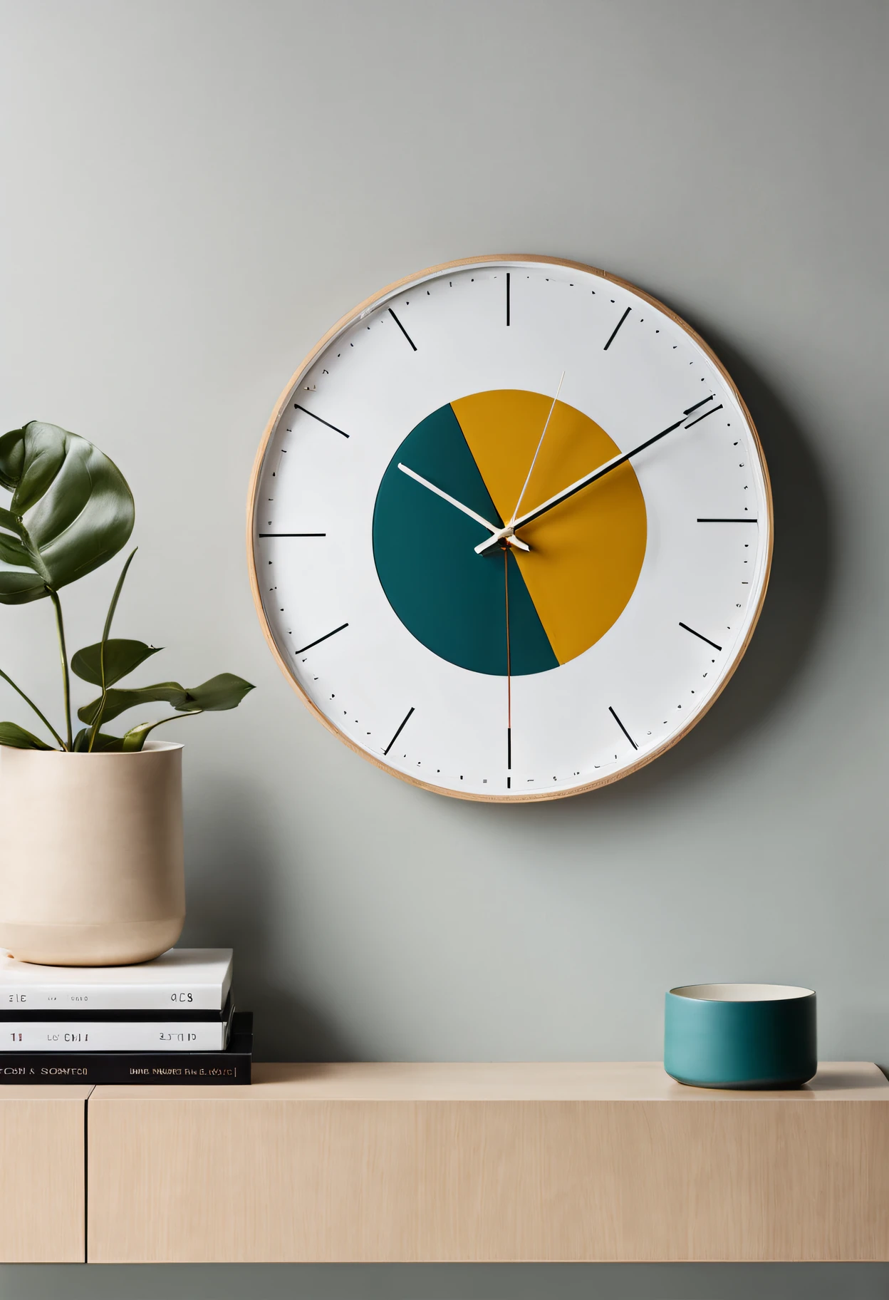 A minimalist style clock design, featuring clean lines, uncluttered surfaces, and a color scheme. The clock may have a sleek and understated appearance, with minimalistic details and a focus on functionality. Its design might prioritize geometric shapes and neutral colors, exuding a sense of modern elegance and simplicity.