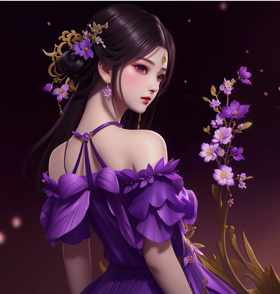 One wearing a purple skirt、Closeup of woman with flowers, 8K high quality detail art, Middle Metaverse, elegant digital painting, xianxia fantasy, high quality 16k digital art, ((Beautiful fantasy emperor body fairy, beautiful gorgeous digital art, cute women, Inspired by Tang Yifen