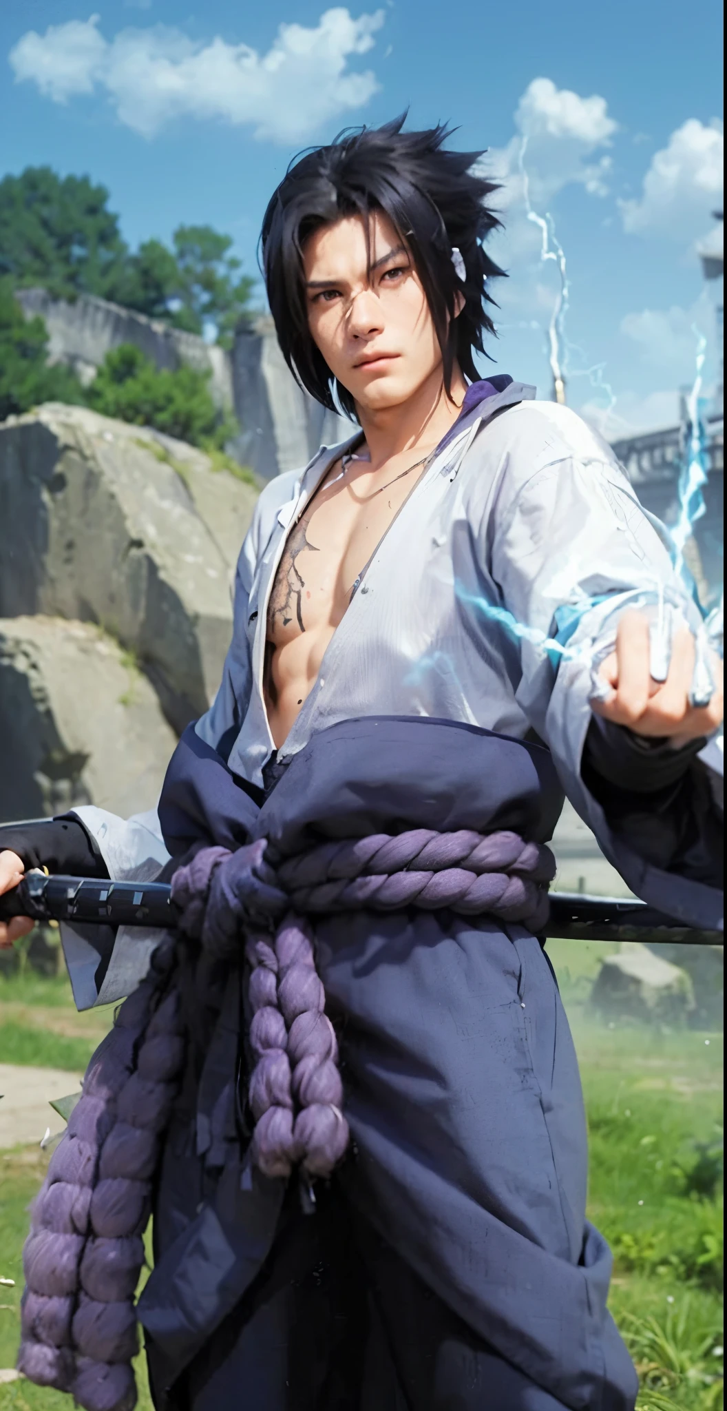 Real life adaption of this character , handsome face, same spiky hair, there big rope purple on his waist ,there a katana on his waist on the back, holding realistic A bolt of electricity emerged from his hand (realistic same outfit),realistic scenery background , realistic light, realistic shadow, realism, hyper realistic,(photorealistic:1.2), normal small eyes, muscular man body