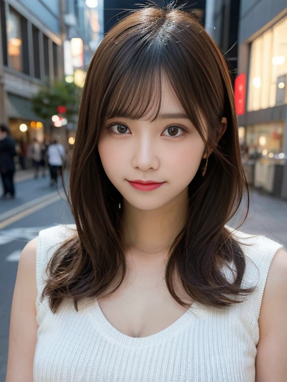 masutepiece, Best Quality, Illustration, Ultra-detailed, finely detail, hight resolution, 8K Wallpaper, Perfect dynamic composition, Beautiful detailed eyes, knit,Medium Hair,Natural Color Lip, Bold sexy poses,Smile,Harajuku、20 years girl、Cute、Sexy shot looking at camera、C Cup、Brown hair、cacique's face、Blurred night downtown background
